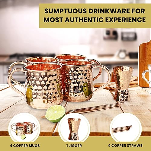 Miniatura 5 de Eunoia Moscow Mule - Tazas de cobre (juego de 4) con pajitas a juego y vasos de chupito  100% puro, real y sólido estilo martillado, auténticos