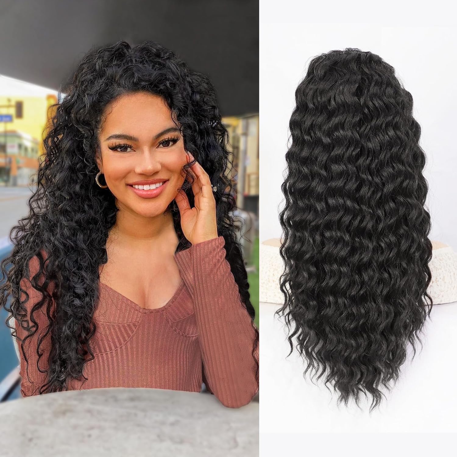 QGZ Ponytail Extension Drawstring Ponytail for Black Women 22 Inch Synthetic Long Curly Fluffy Pony Tails Hair Extensions for Daily Use(Black)