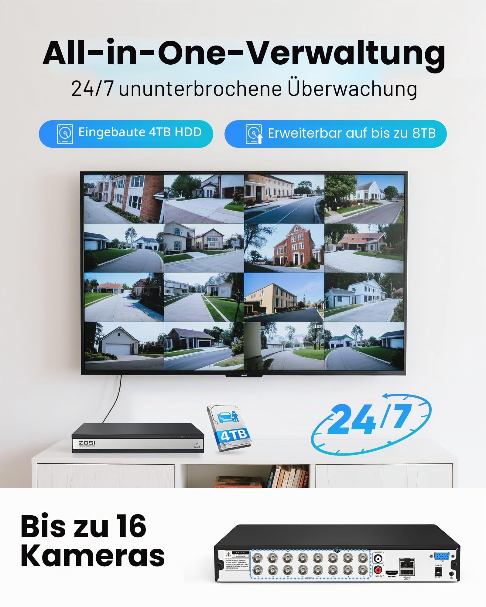 ZOSI 16CH 1080P H.265 + Überwachungskamera + DVR 4 TB, KI-Erkennung von Personen und Fahrzeugen für Heimüberwachung 24/7, Nachtsicht 24 m, Sofortwarnung und Fernzugriff