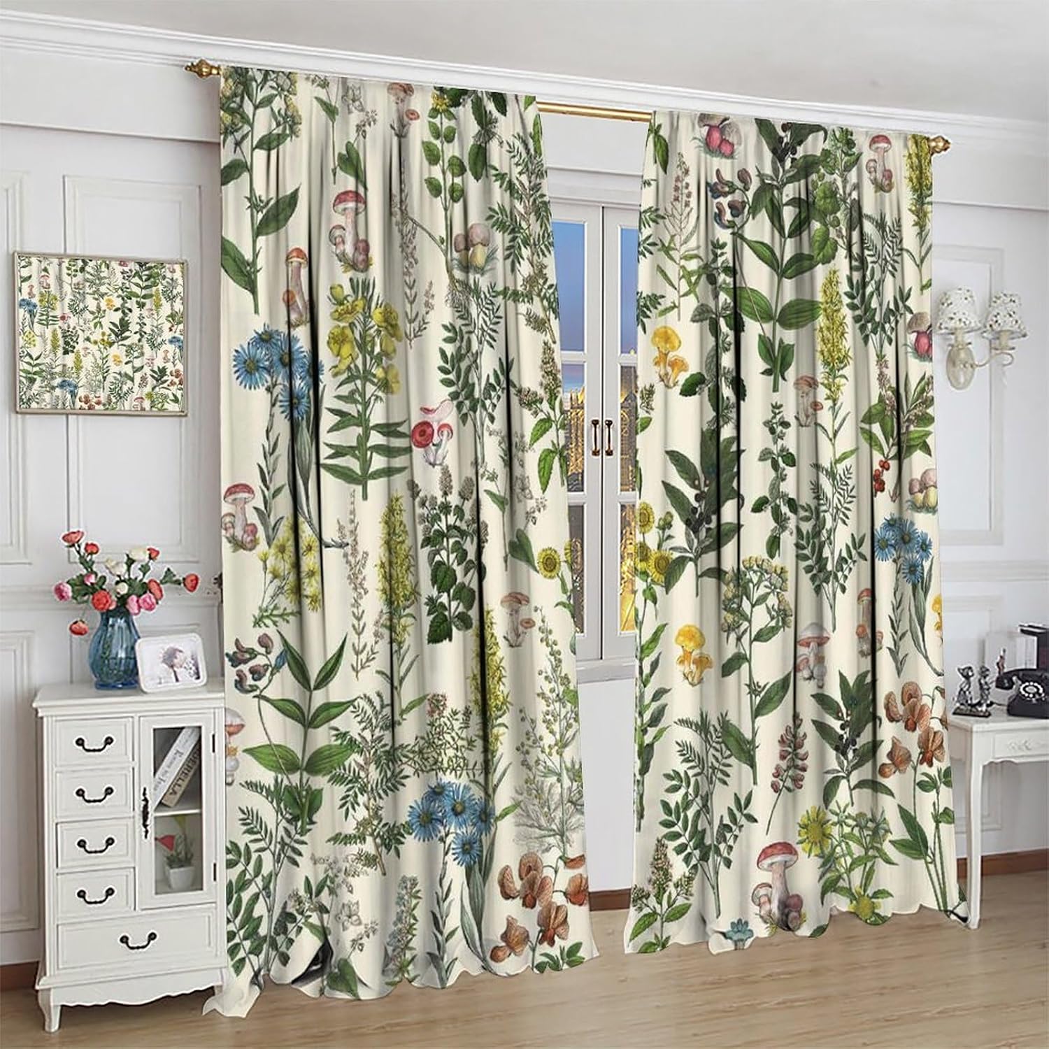 Vintage Botanical Curtains,Herbs Mushroom Green Leaf Ferns Plants Boho Retro Wildflower Country Rustic Farmhouse Window Treatment for Kitchen Living Room Bedroom,42x45 Inch Decor