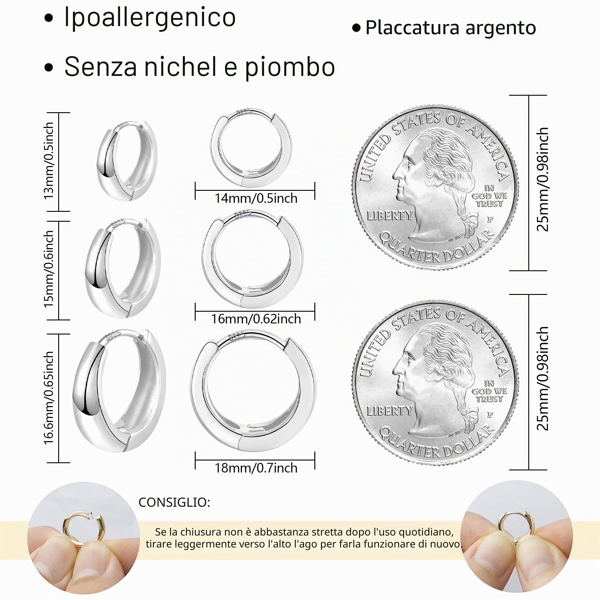 ALEXCRAFT 4 Paia Orecchini a Cerchio Argento 925 in Oro 14K/Oro Ipoallergenici per Fori Multipli con Confezione