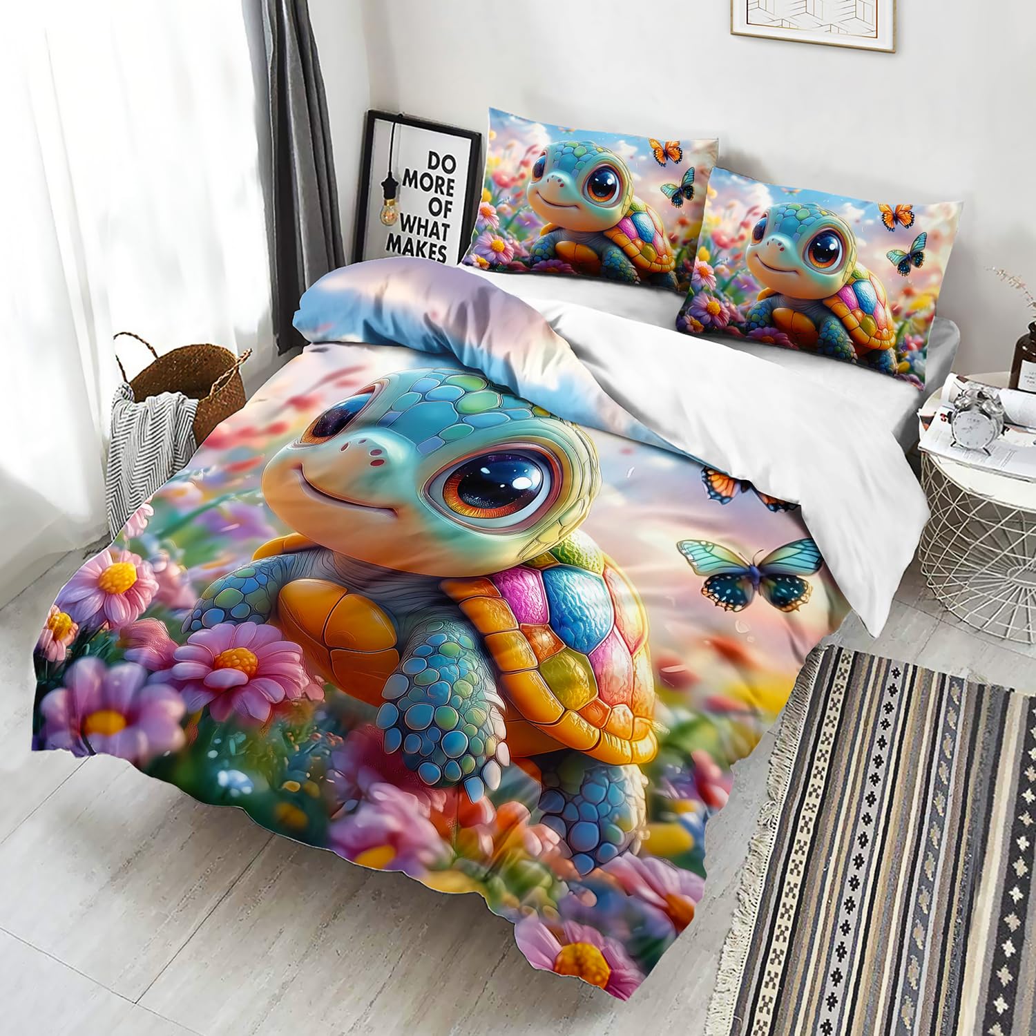 AILONEN Kids Cute Kawaii Turtle Duvet Cover Set Full Size,Beautiful Flower Turtle Bedding Set,3-Piece Soft Microfiber Lovely Quilt Cover with 2 Pillowcases