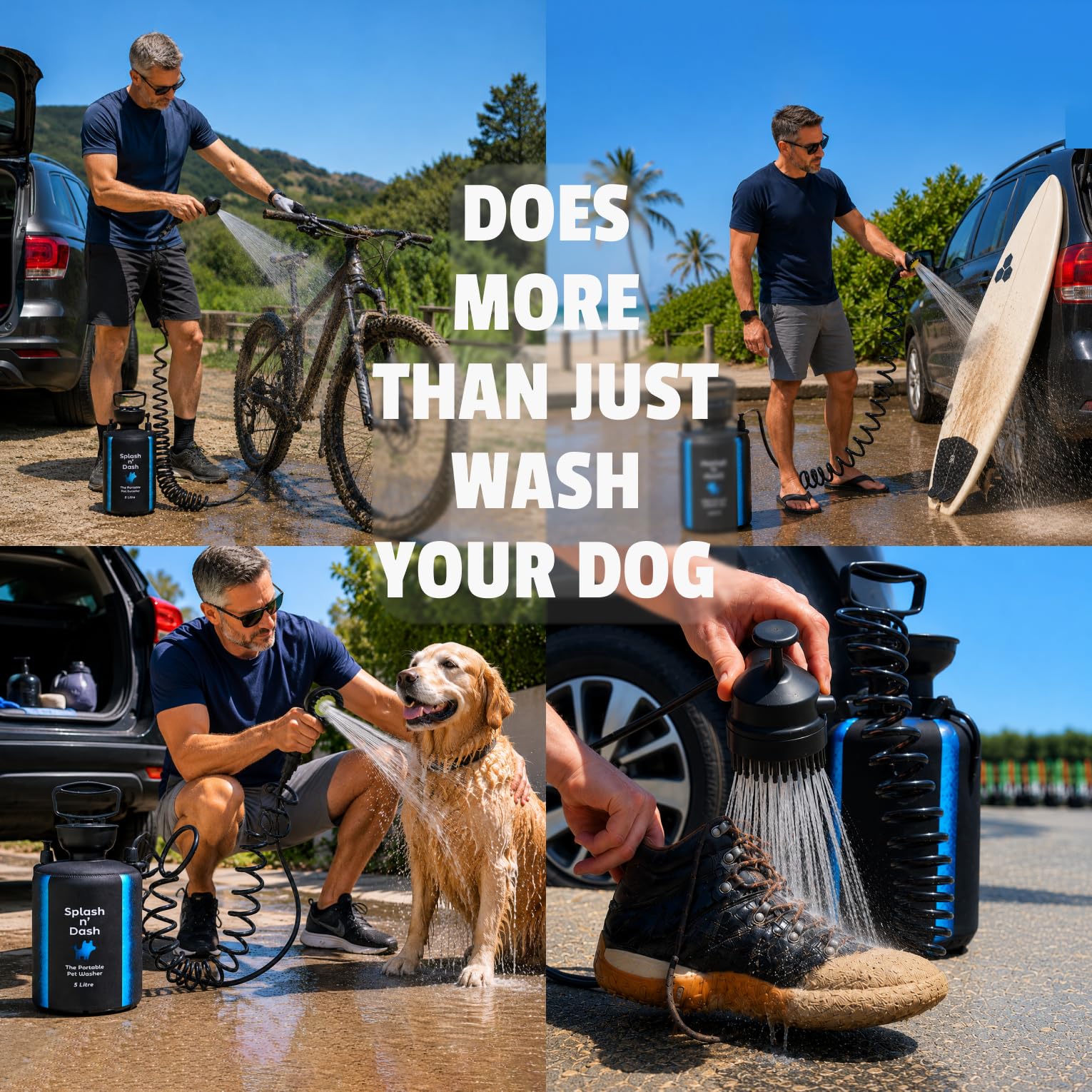 Splash n' Dash 5 Liter Tragbare Hundedusche - Manuelles Duschset mit Bürstenkopf & Neoprenmantel - Tragbare Hundewaschanlage für Zuhause, Reisen oder Outdoor