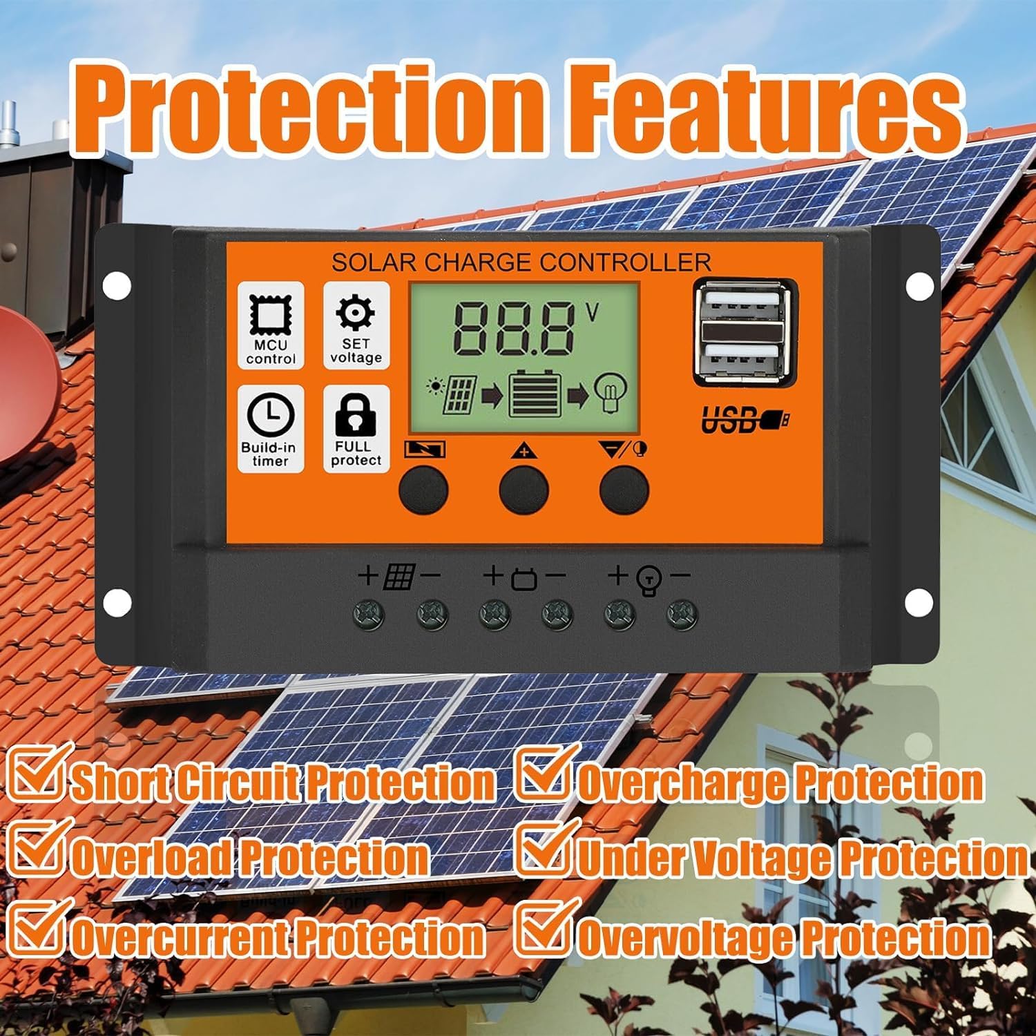 kh 30A Solar Charge Contoller 12V/ 24V Solar Panel Charge Controller Intelligent Regulator with Dual USB Port Auto Parameter LCD Display - Timer Setting ON/Off Hours (30 A) - Image 8 thumbnail
