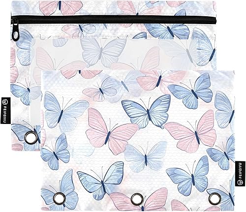 Gredecor Estuche para lápices con 3 anillas, mariposas en colores pastel, con cremallera, 2 unidades, organizador transparente para carpetas