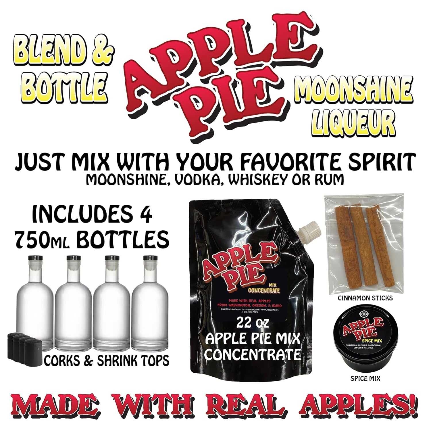 Tapcraft – Apple Pie Moonshine Liqueur Mix – Make Your Own Apple Pie Moonshine Liqueur at Home – DIY Moonshine Kit – Mix and Bottle Your Own Moonshine – Great Gift for Whiskey Lovers