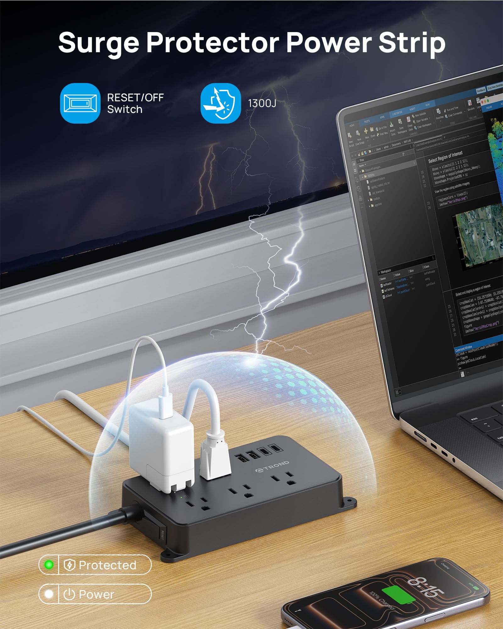 TROND Faixa de Energia com Proteção contra Surtos, USB, Listada