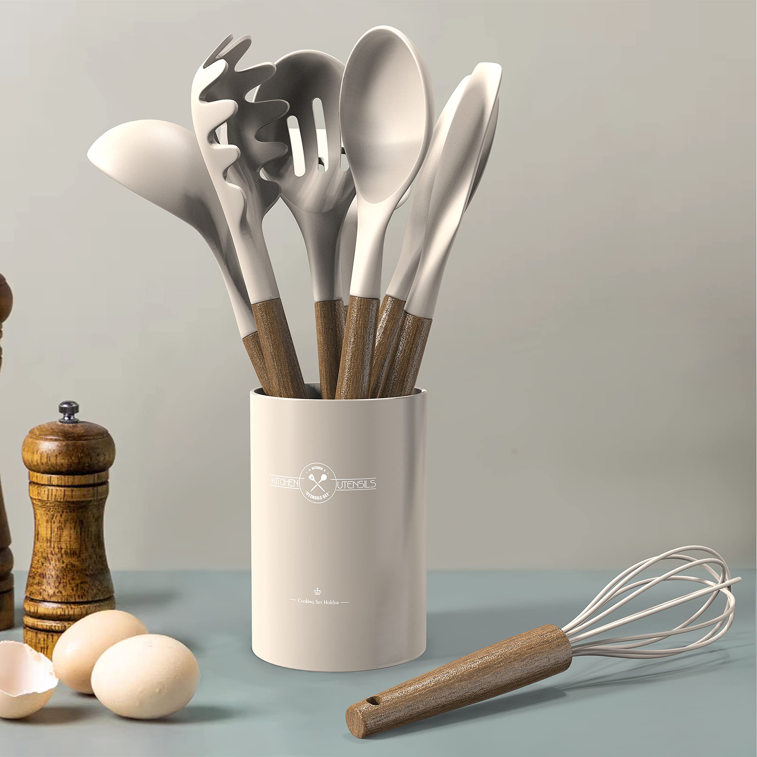 Silikon-Kochutensilien-Set 14-teilig – Hitzebeständig Bis 230°C, Mit Holzgriffen, BPA-frei