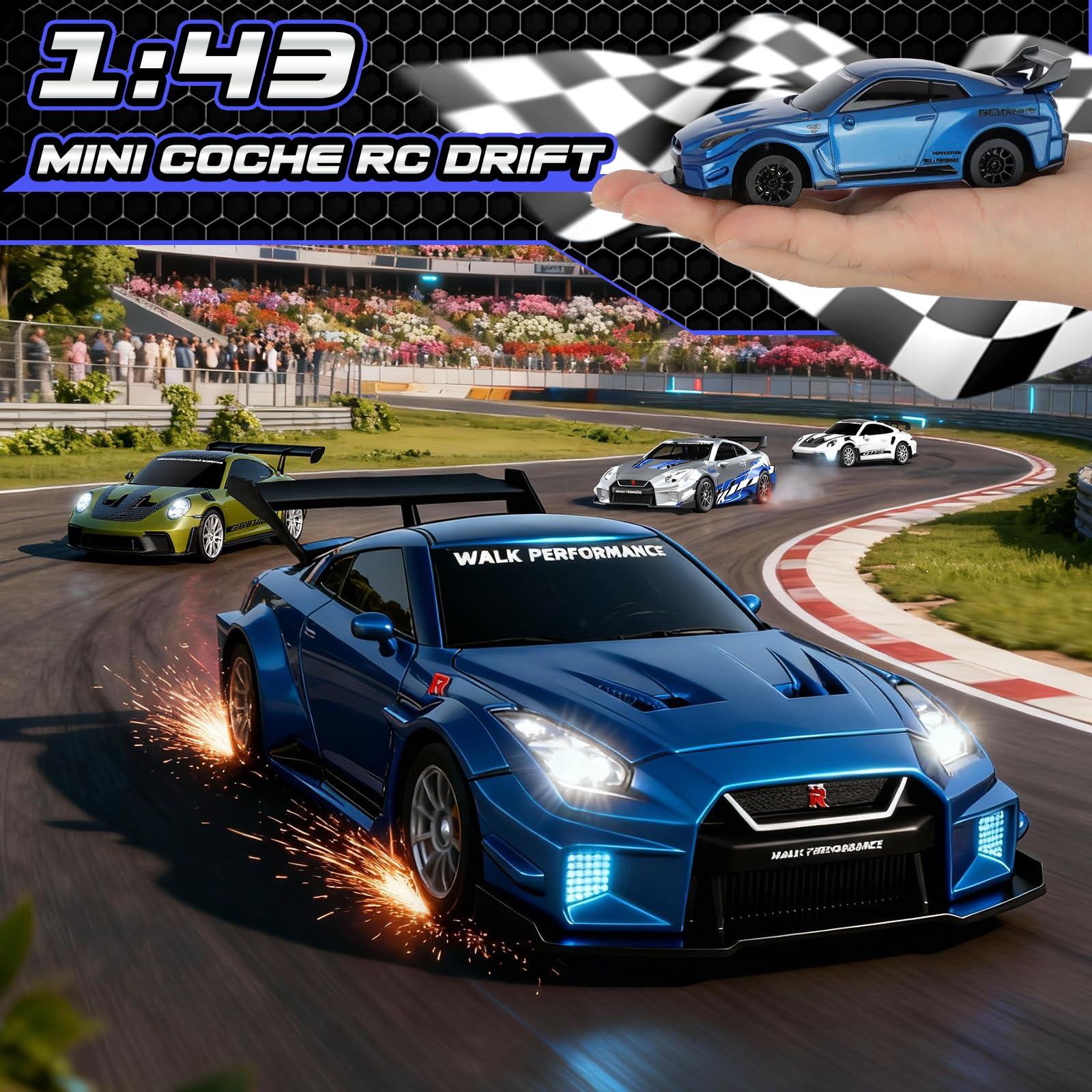 YOOHBERRYS Coche RC Drift Pro, 1:43 Mini RC Drift Car, 4WD Coche Radiocontrol con Giroscopios y Luces LED, 15km/h, Coche Teledirigido de Juguete para Niños de 14+ Años (Azul)
