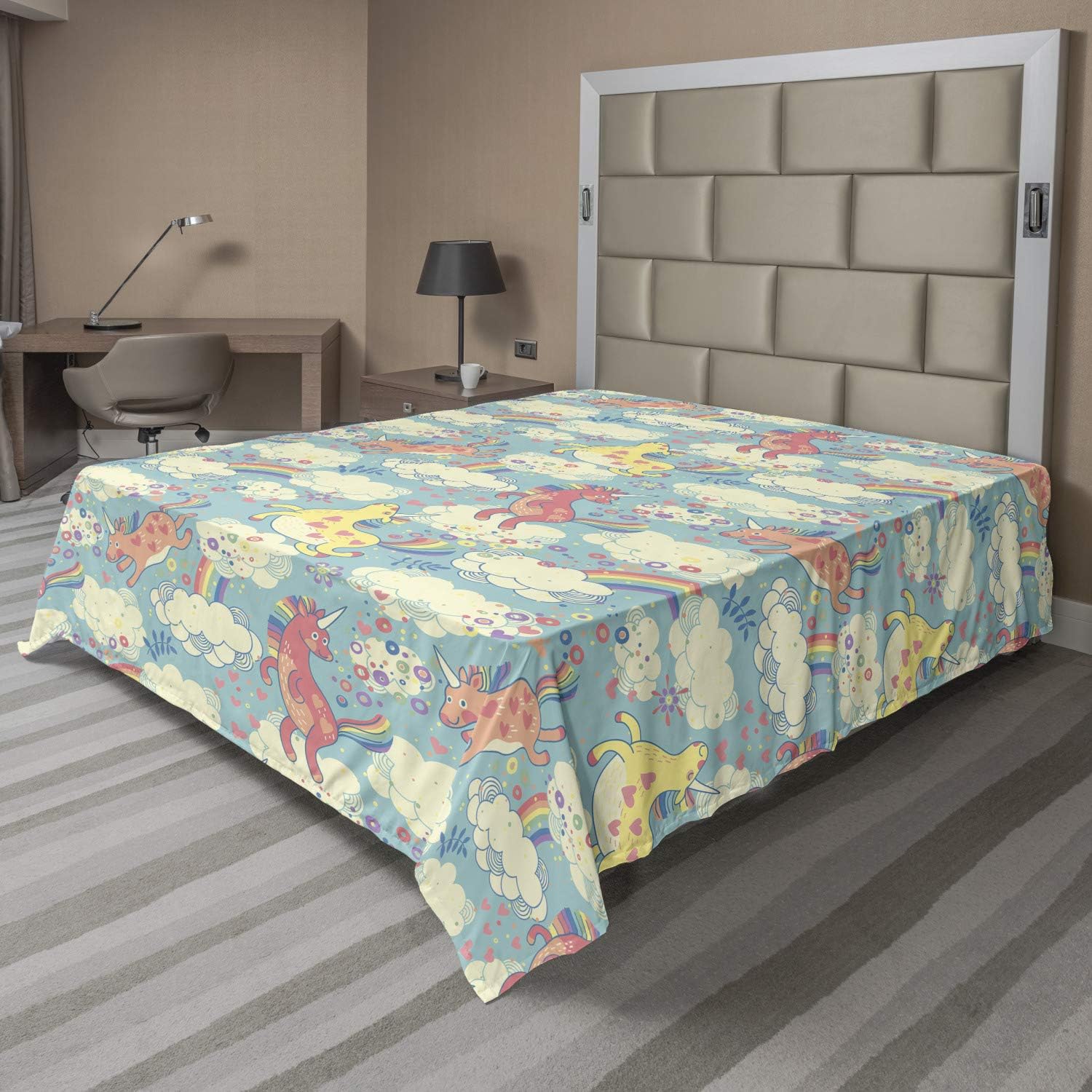 Ambesonne Pastel Flat Sheet, Rainbow Unicorns Flying in Sky with Clouds Cheerful Theme, Soft Comfortable Top Sheet Decorative Bedding 1 Piece, Full Size, Multicolor