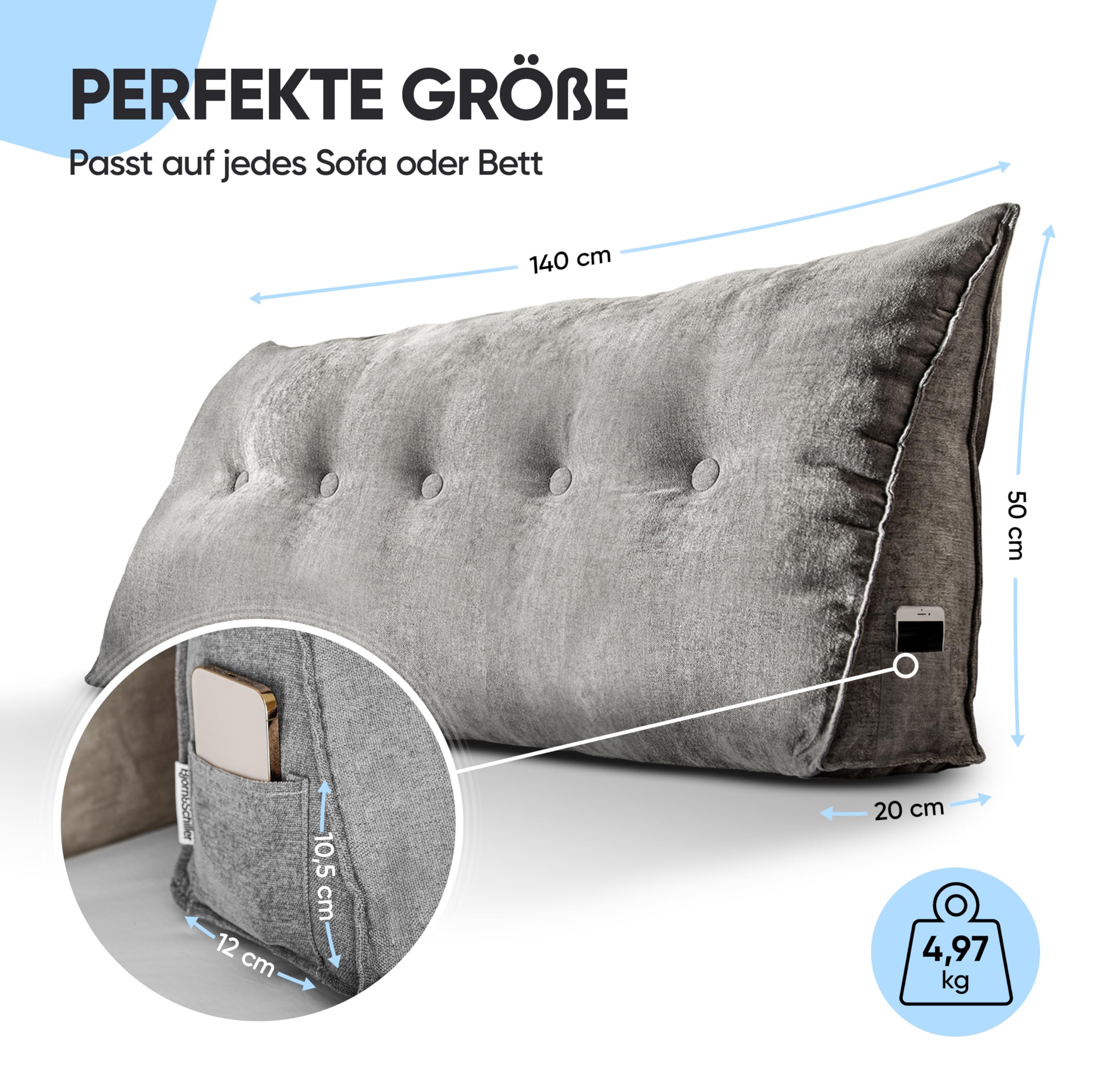 Björn&Schiller Rückenkissen - Lesekissen für Bett und Sofa, Keilkissen, Rückenpolster für die Wand, Sitzkissen, Wandkissen, groß mit waschbarem Bezug (Grau, 140 cm)