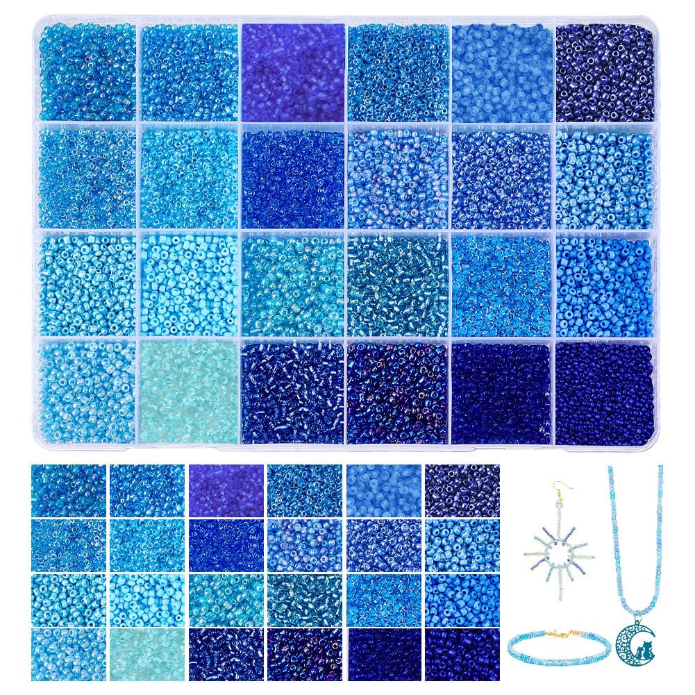 PH PandaHall 24000pcs 2mm Blue Glass Seed Beads 24 Colors 12/0 Waist Bead Mini Friendship Bracelet Bead Small Craft Beads for Jewelry Making Summer Beach Decor DIY Bracelet Necklace Earrings