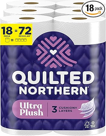 Quilted Northern Ultra Plush Toilet Paper, 18 Mega Rolls = 72 Regular Rolls, 3X Thicker*, 3 Ply Soft Toilet Tissue