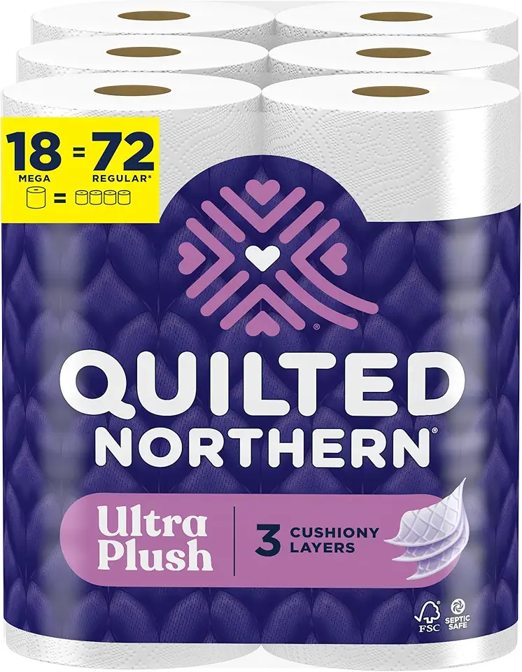 Quilted Northern Ultra Plush Toilet Paper, 18 Mega Rolls = 72 Regular Rolls, 3X Thicker*, 3 Ply Soft Toilet Tissue