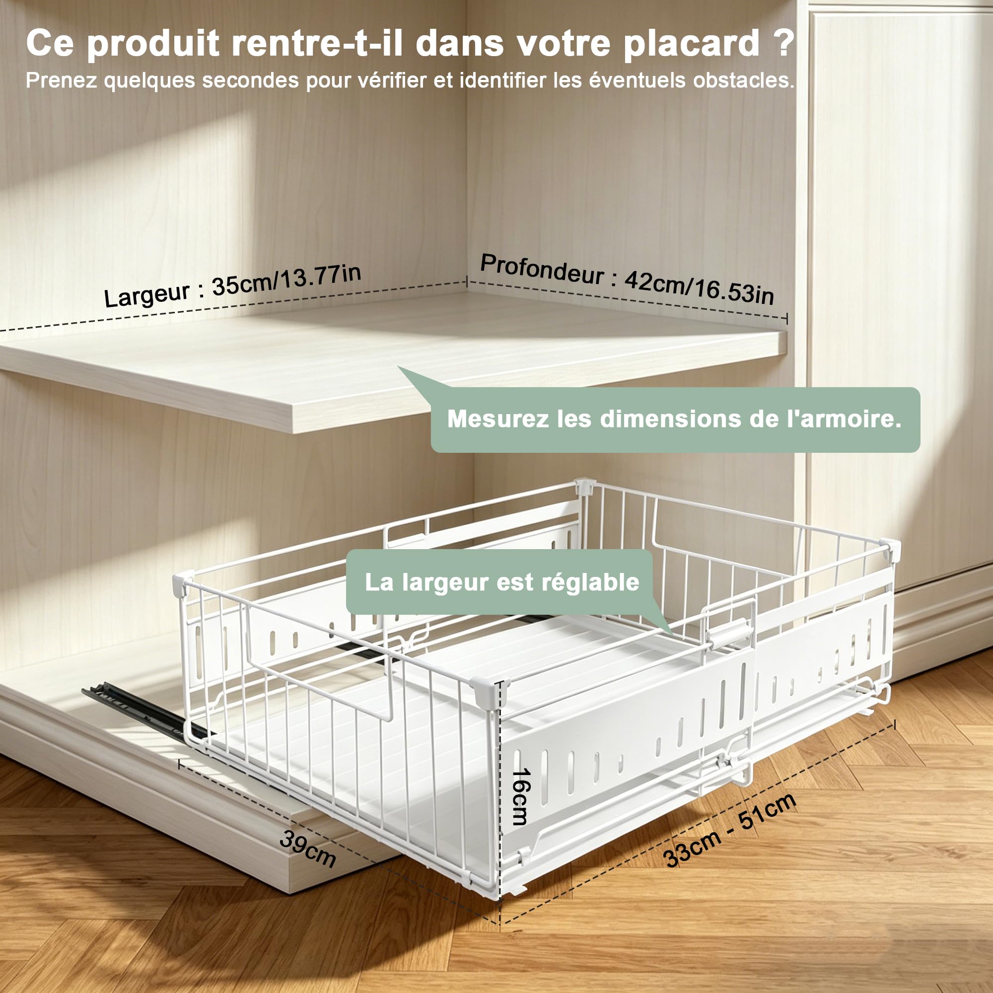 Lot de 2 Tiroir Coulissant pour Cuisine, Tiroir Télescopique avec Tapis de Tiroir inclus, Largeur Réglable de 33 à 51 cm, Organizer pour Placard de Cuisine sans Perçage, (Blanc)