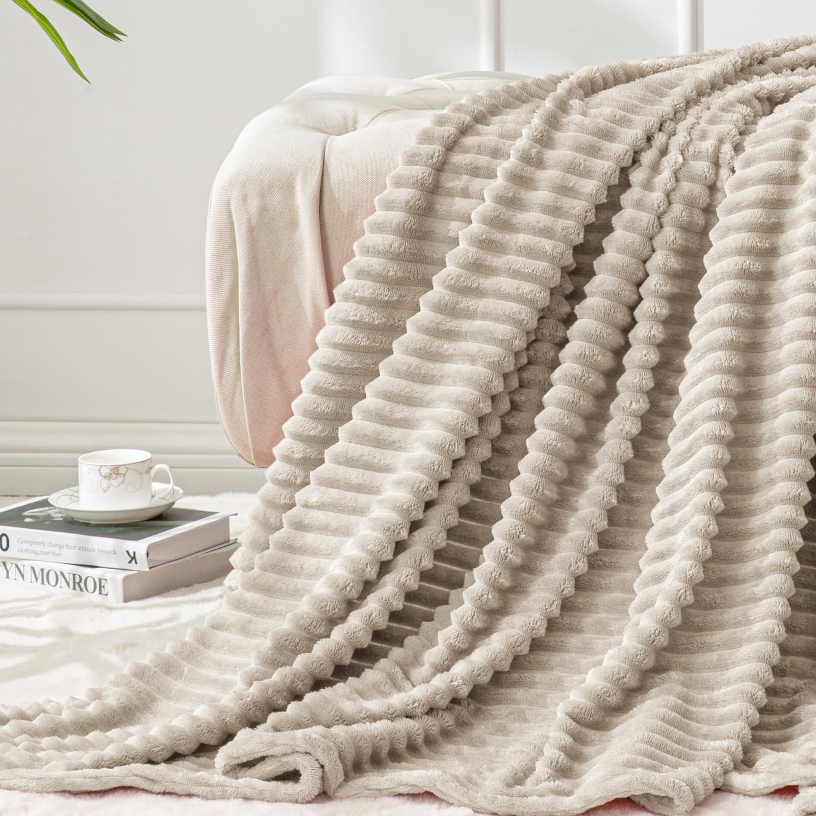 BEDELITE 3D Ribbed Linen Color Fleece Throw Blanket for Couch, 50x60 Inch | Soft Warm Decorative Fluffy Blanket, Cozy Plush Lightweight Fuzzy Throw Blanket for Bed Sofa Home Room Decor, Gift for Women