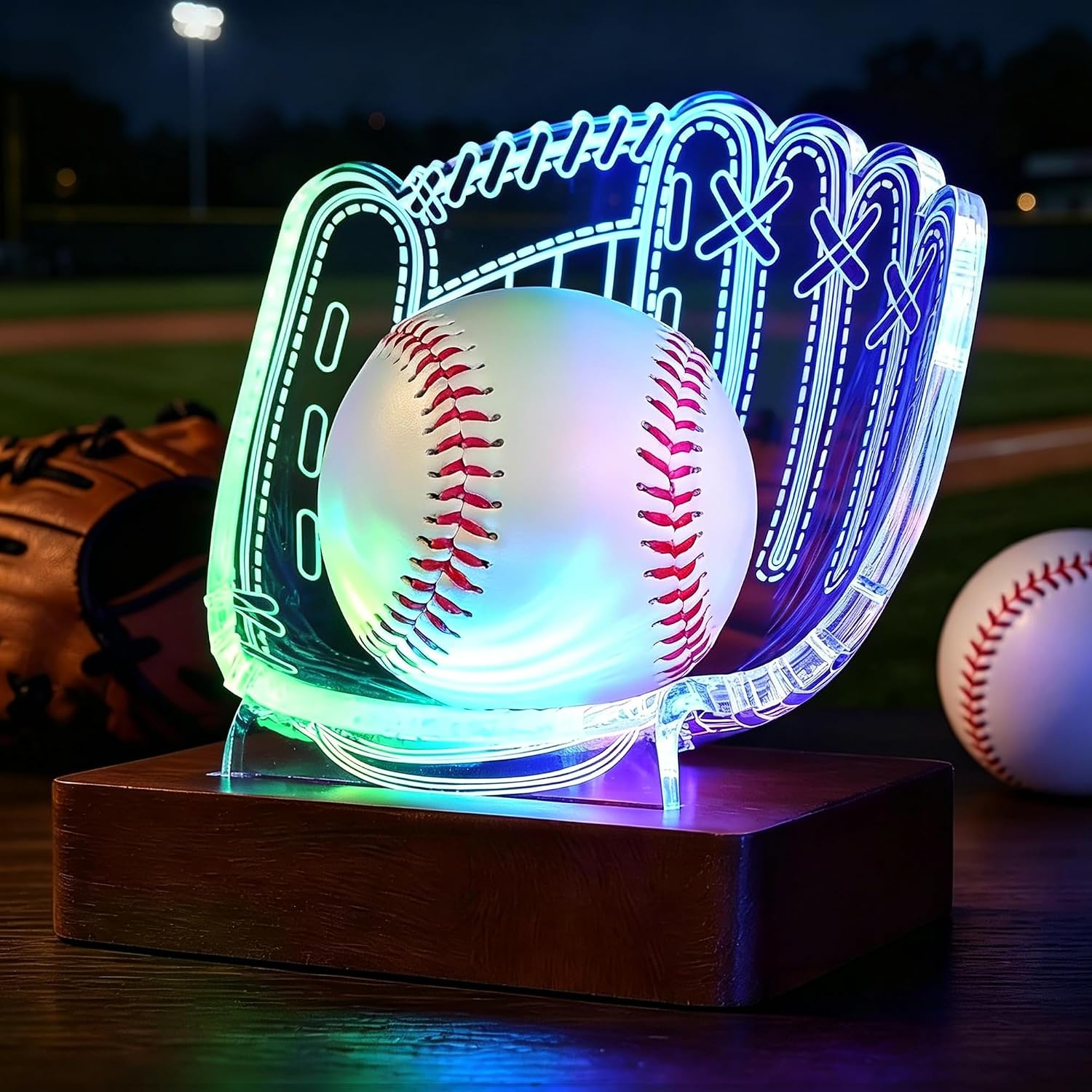 OkiyiD Baseball Display Holder, Light Up Baseball Stand for Boys & Men Gifts, Acrylic Wooden Base with LED Lighting USB Power, Ball Display Storage Collection Holder for Baseball Fan Accessories