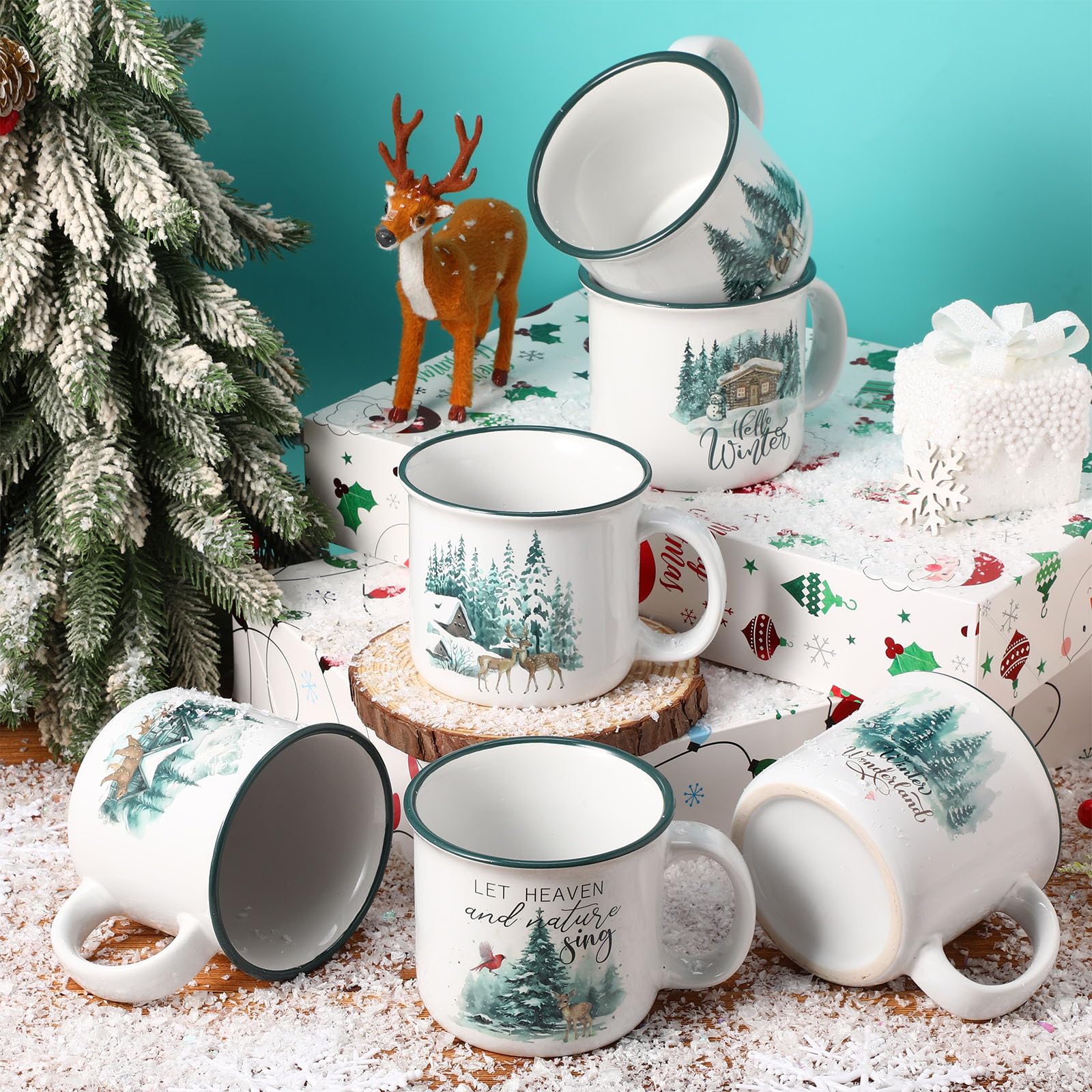 Pickmesh Juego de 6 tazas de café de cerámica de Navidad de 14 onzas, tazas de Navidad con asa, tazas de Navidad esmaltadas para invierno, regalo de Navidad, suministros de fiesta de Navidad