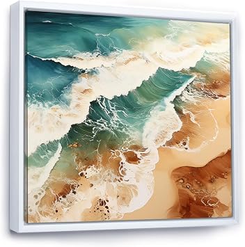 DesignQ coastal Beach Oversized framed wall art decor, Beach framed wall art, Coastal Bird s-eye Perspective, Beige Nautical & Coastal Canvas White framed wall art, 30x30 inches