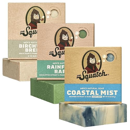 Dr. Squatch Natural Bar Soap for Men - Cold Process Soap with No Harsh Chemicals - Birchwood Breeze, Rainforest Rapids & Coastal Mist (5 oz, 3-Pack) - Stormwood Fresh