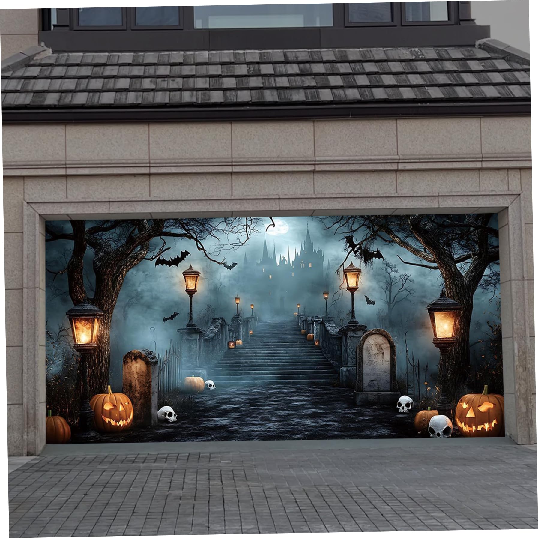 Comebachome 13x6ft Spooky Castle Graveyard Banner, Halloween Garage Door Cover with Grommets for Hanging
