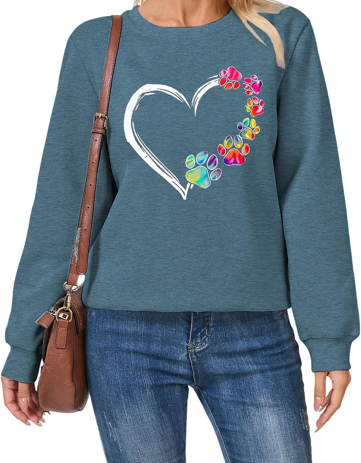 Womens Dog Paw Sweatshirt Fleece Lined Crewneck Long Sleeve Valentines Shirt Dog Lover Gift Tops