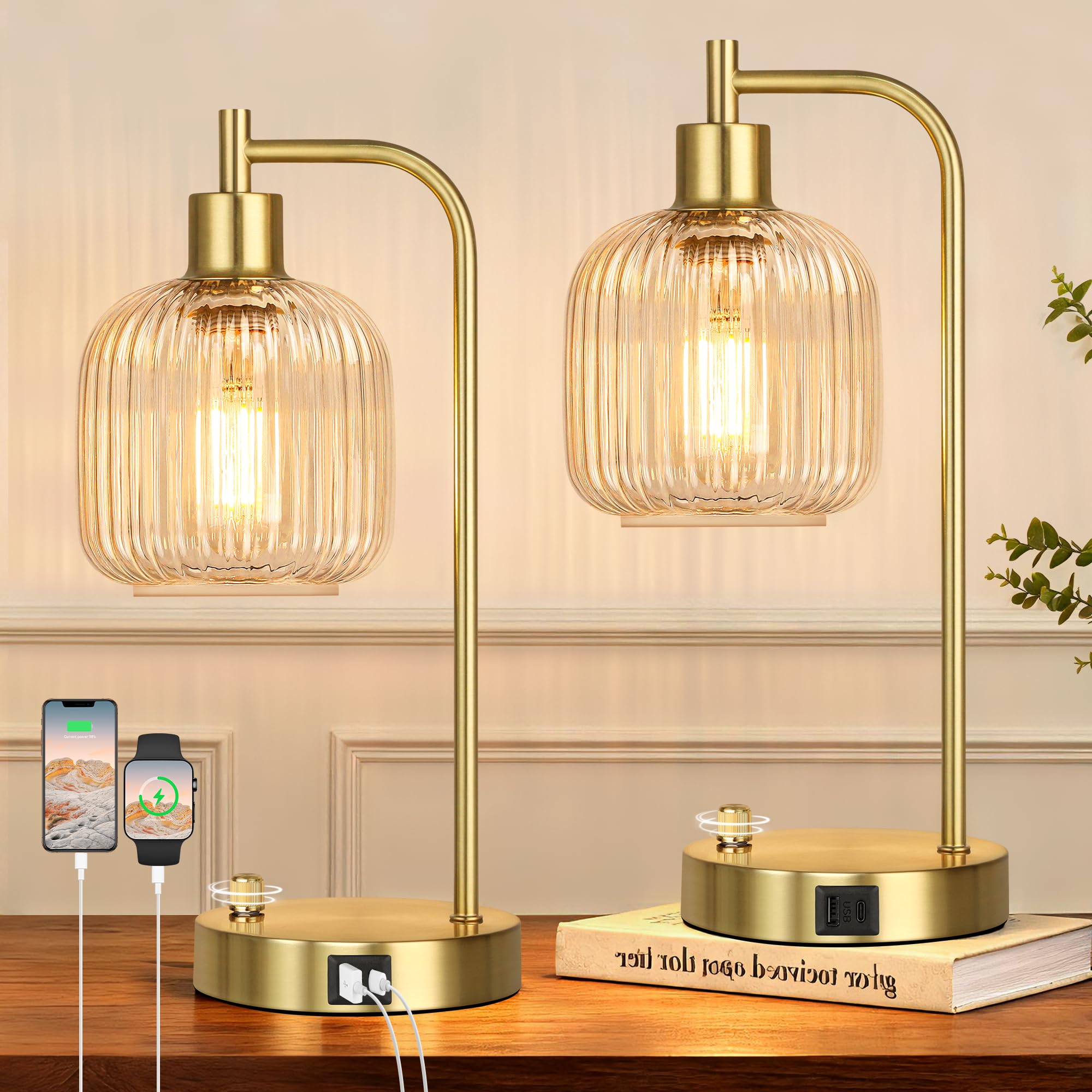 QiMH Industrielle Tischlampe für Schlafzimmer, 2er-Set, klares Glas mit USB-A- und C-Anschlüssen, stufenlose dimmbare Goldlampen, Nachttischlampen für Wohnzimmer, Büro, Heimdekoration (Leuchtmittel im