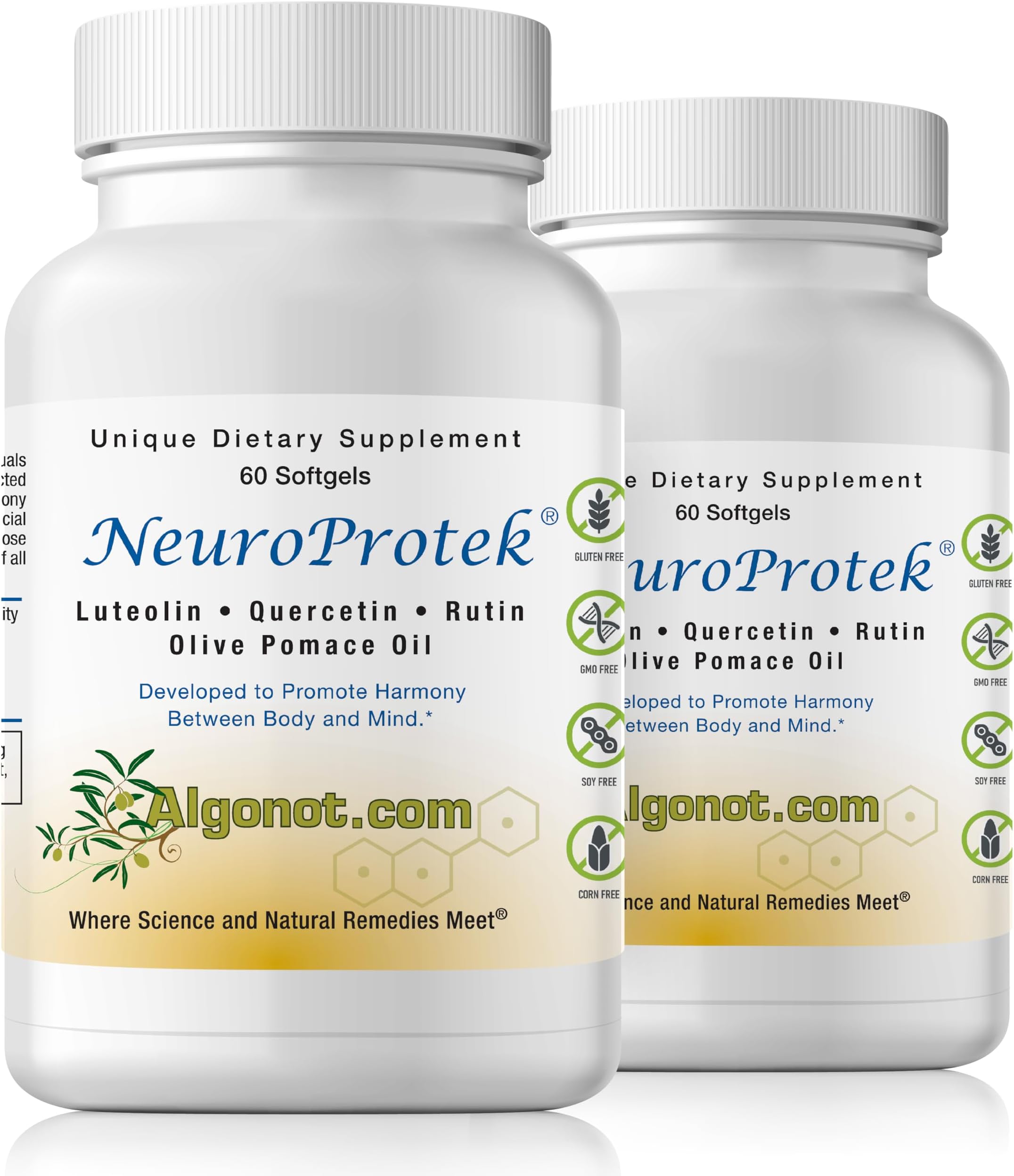 NeuroProtek® 2 pack: The only liposomal luteolin product using olive pomace oil.– A Unique, Patented, All-Natural Oral Dietary Supplement in a Soft Gel which May Promote Harmony Between Body and Mind.