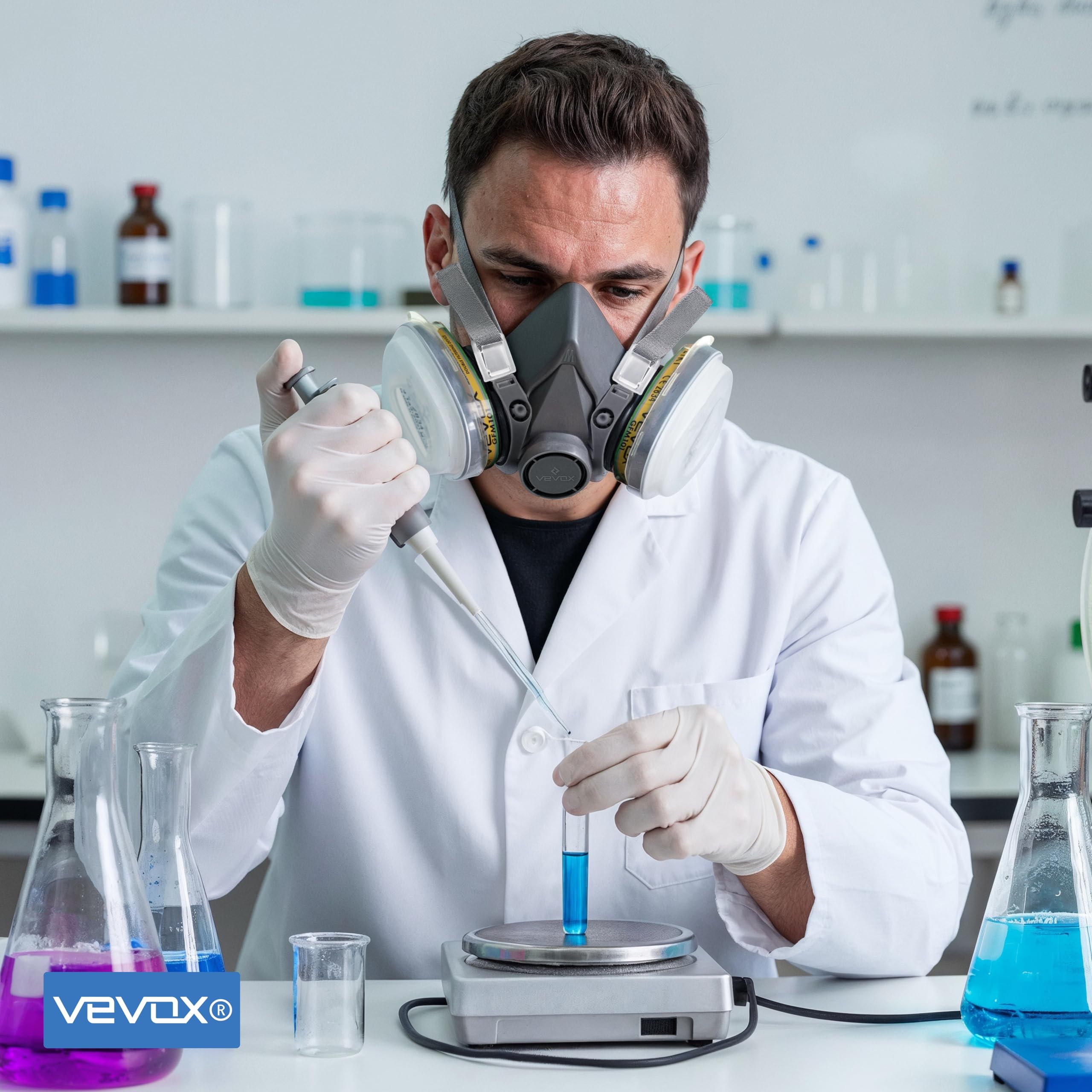 VEVOX® Atemschutzmaske - ABEK1P2 - Gasmaske - Staubmaske - Lackiermaske | Schutz gegen Feinstaub, Gase und Dämpfe - zum Lackieren, Schleifen und Sanieren - 20x P2 und 4x ABEK1 Filter - Schutzbrille