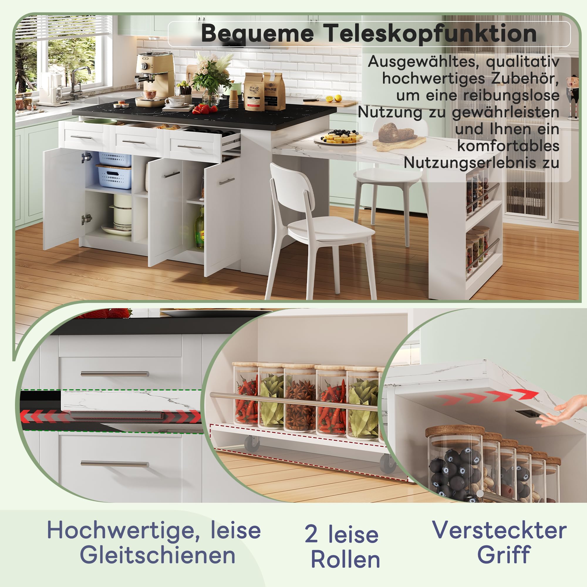Isola da cucina multifunzione 150+96 cm, tavolo da pranzo allungabile bianco, piano marmorizzato nero/bianco, armadietti integrati