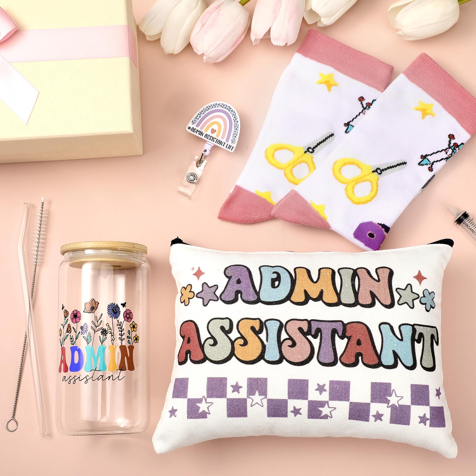Skylety 5 Pcs Administrative Assistant Gifts for Women 16oz Glass Cup Sock Cosmetic Bag Badge Reel Admin Assistant Appreciation Gift Box for Employee Coworker Secretary Custodian Supplies