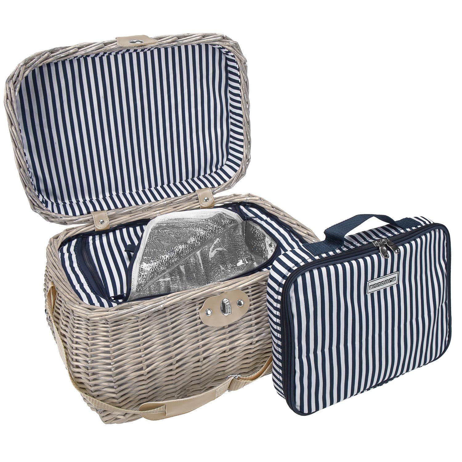 anndora Picknickkorb Shabby helle Natur Weide - mit Isolierfach herausnehmbar blau gestreift - inkl. Zubehör 21 Teile - 4 Personen - Tragegurt