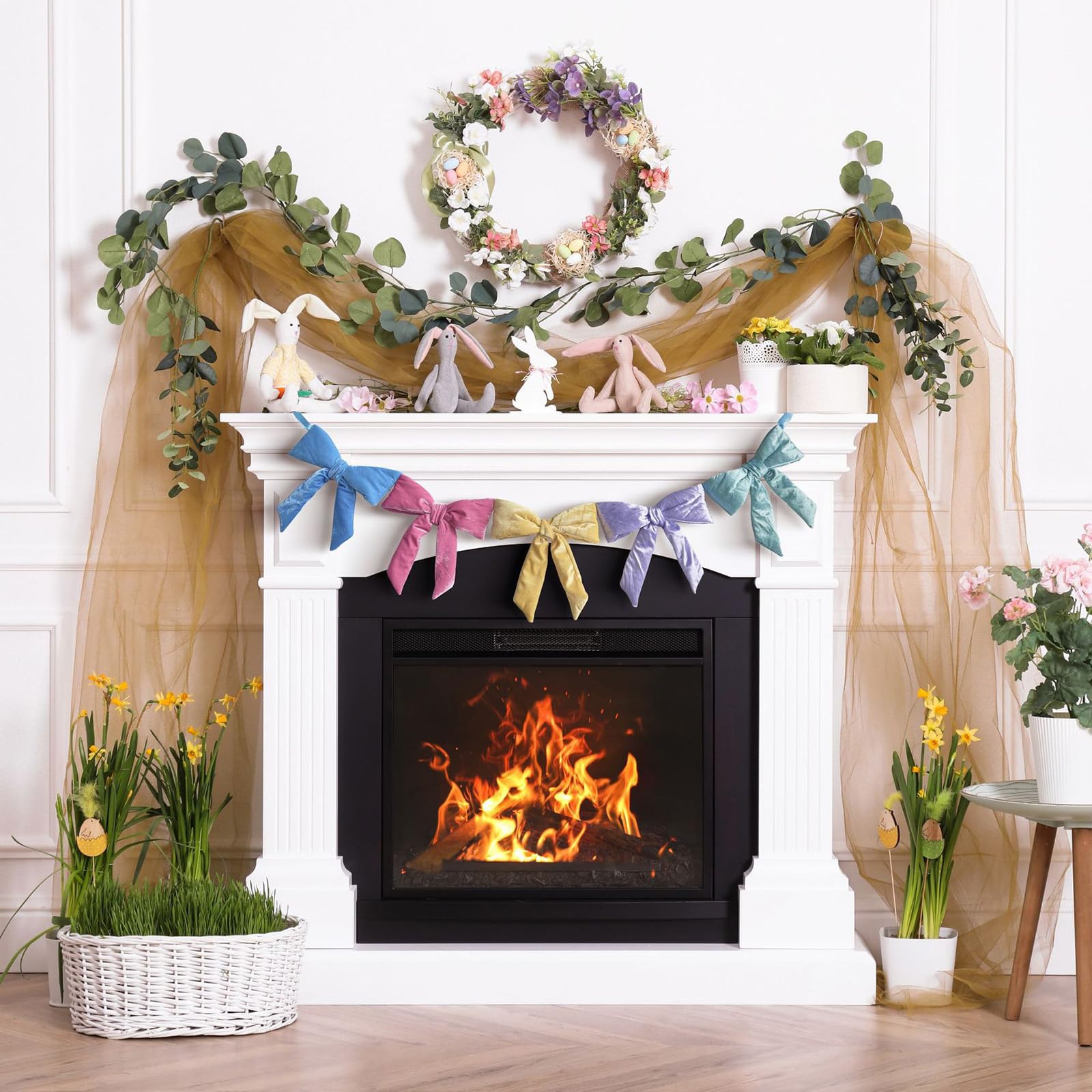 Banderines de terciopelo de 152 cm con lazo listos para colgar para festivales, temporada de primavera, hogar, chimeneas, escaleras, decoración, banderines de Pascua