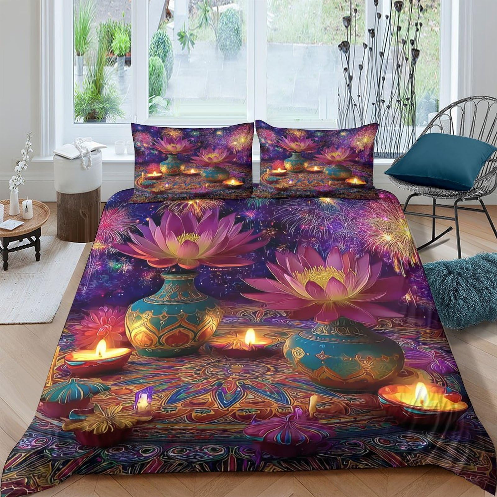 XFKLYNVCJ 3D Printed Festival decor Quilt Cover Soft Fabric Colorful lotus vase style Duvet Cover Fade Resistant Wrinkle Free for Housewarming Gift New Homeowners Bedding Use Single（140x200cm）