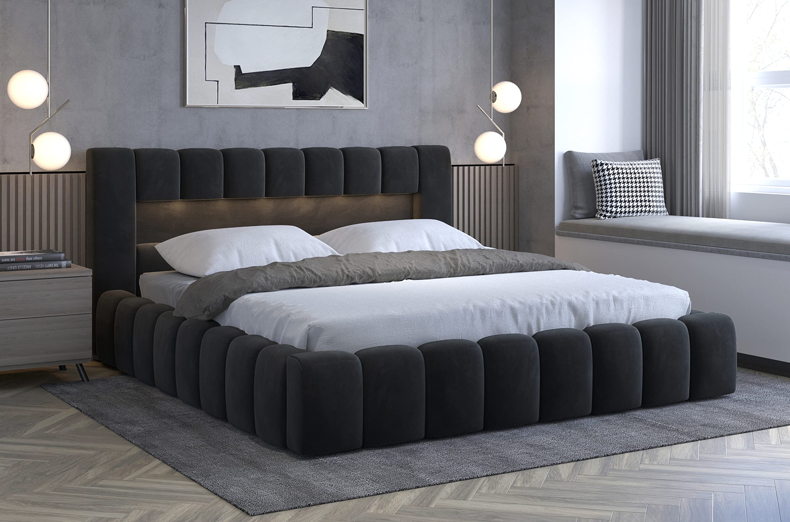 Luksusowe łóżko tapicerowane w zestawie LED Ambiente designerskie łóżko Lamica 180x200 Monolith 97