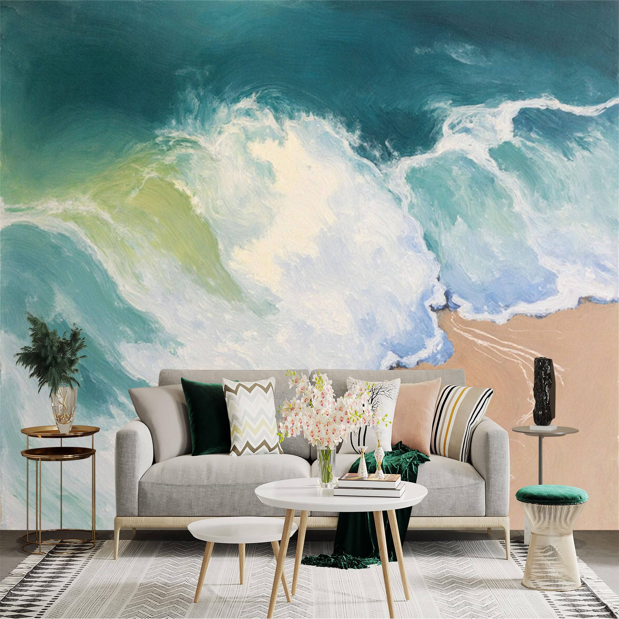 Lnzczhyre Xc260505536 Custom Size Wall Sticker Mural， Ocean Waves Crashing On Sandy Shore， Impressionist Coastal Seascape Art， For Wall Decoration， Peelandstick Wall Decals.