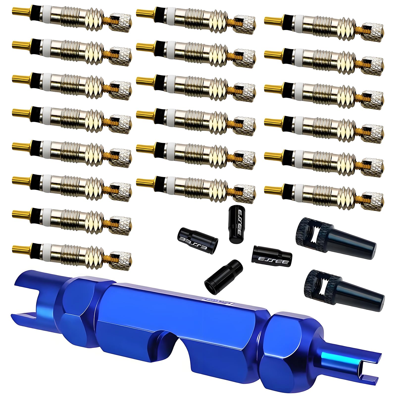20 PCS Presta Valve Core with Valve Core Remover Tool and Valve Caps Kit,Replacement Brass Tubeless Core for Tubeless Road MTB Bike, Stan's, Vittoria, Continental, Kenda and More