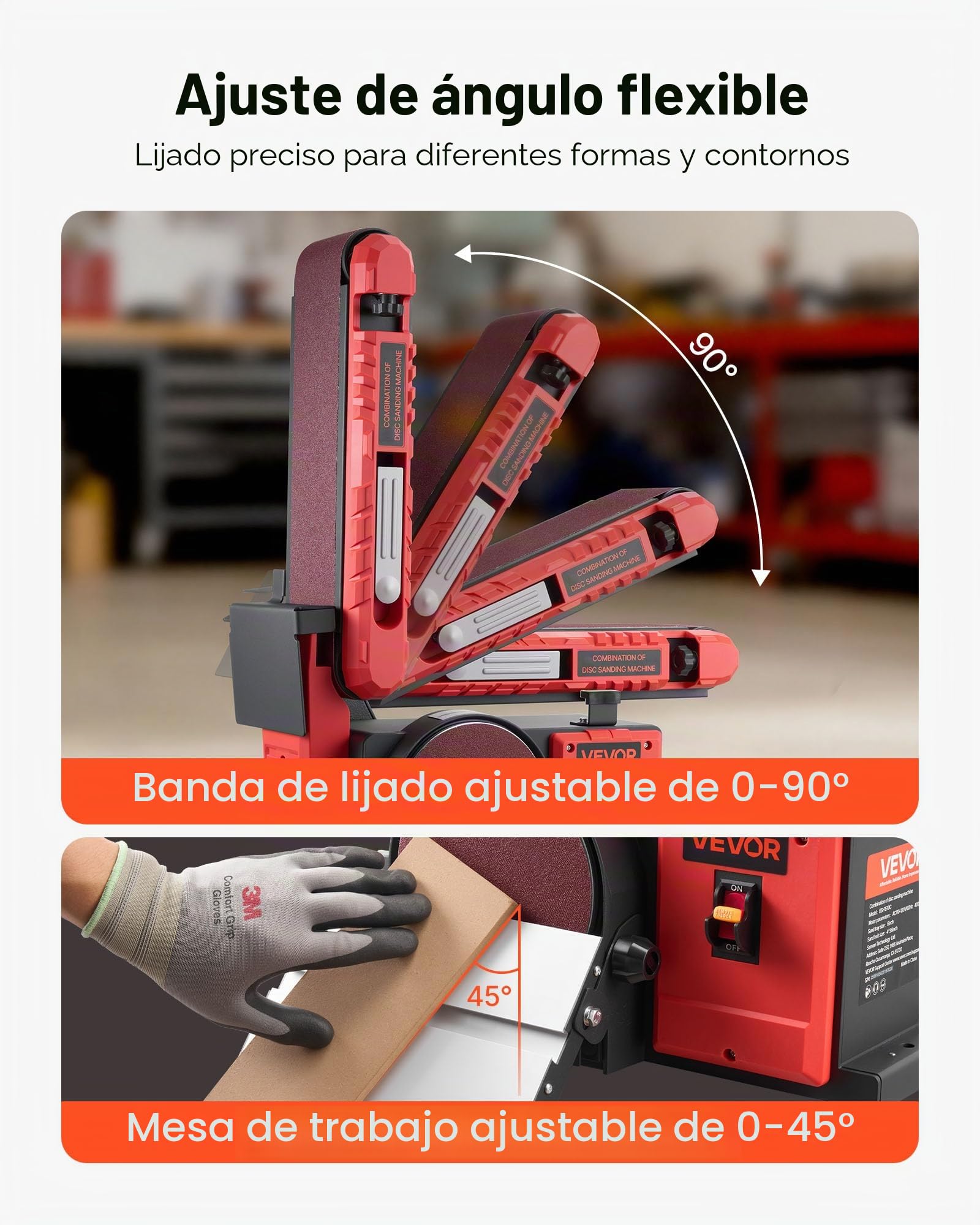 VEVOR Lijadora de Banda y Disco 400 W, con Disco 152,4 mm y Banda 101,6 x 914,4 mm, Mesa de Trabajo Ajustable de 0 a 45° y Puerto de Extracción de Polvo para Carpintería y Afilado de Cuchillos