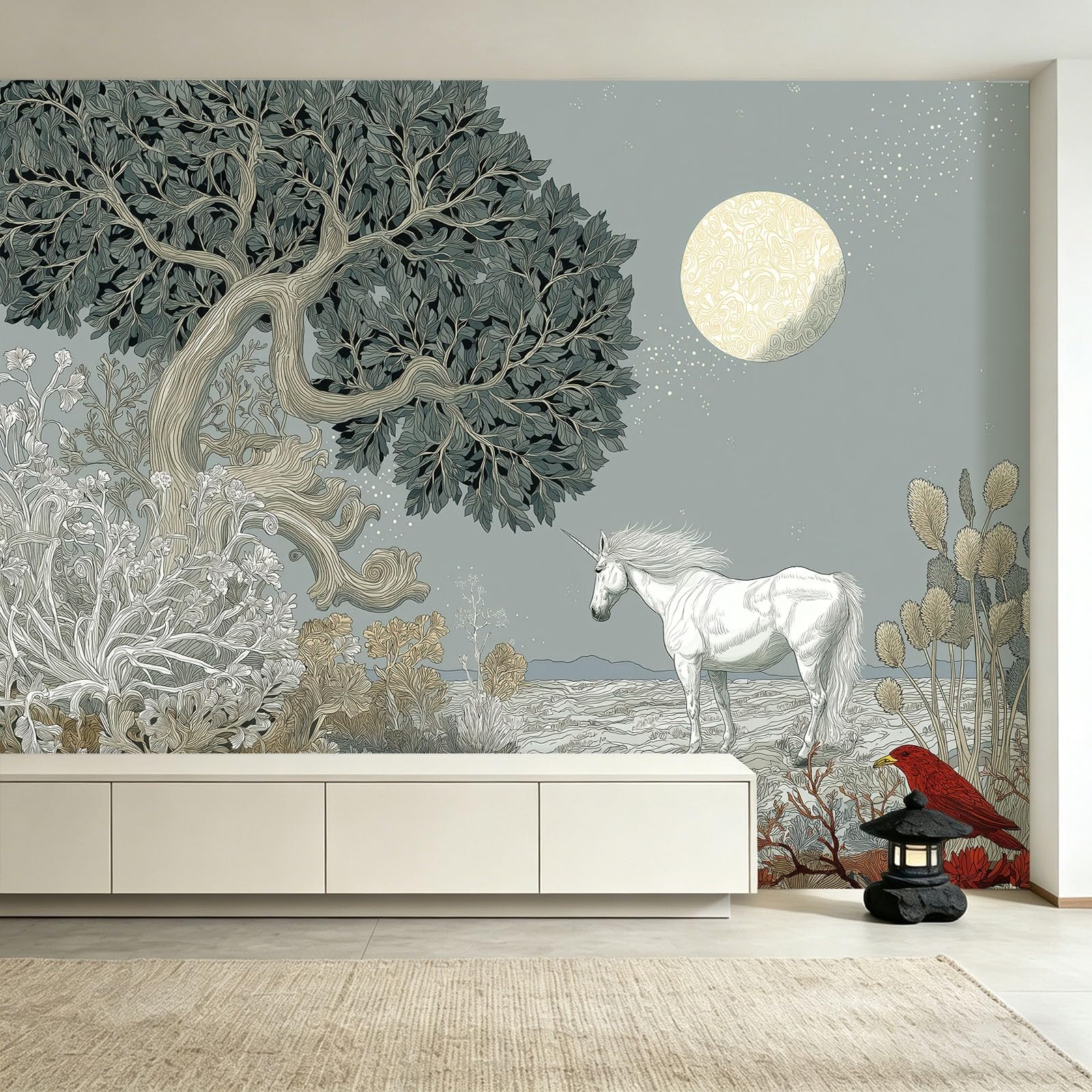 Panoramiczna tapeta fantasy las rośliny 250 x 175 cm, tapeta z włókniny, dekoracja do salonu i sypialni, efekt 3D, jednorożec, gwiaździste niebo, drzewa, księżyc