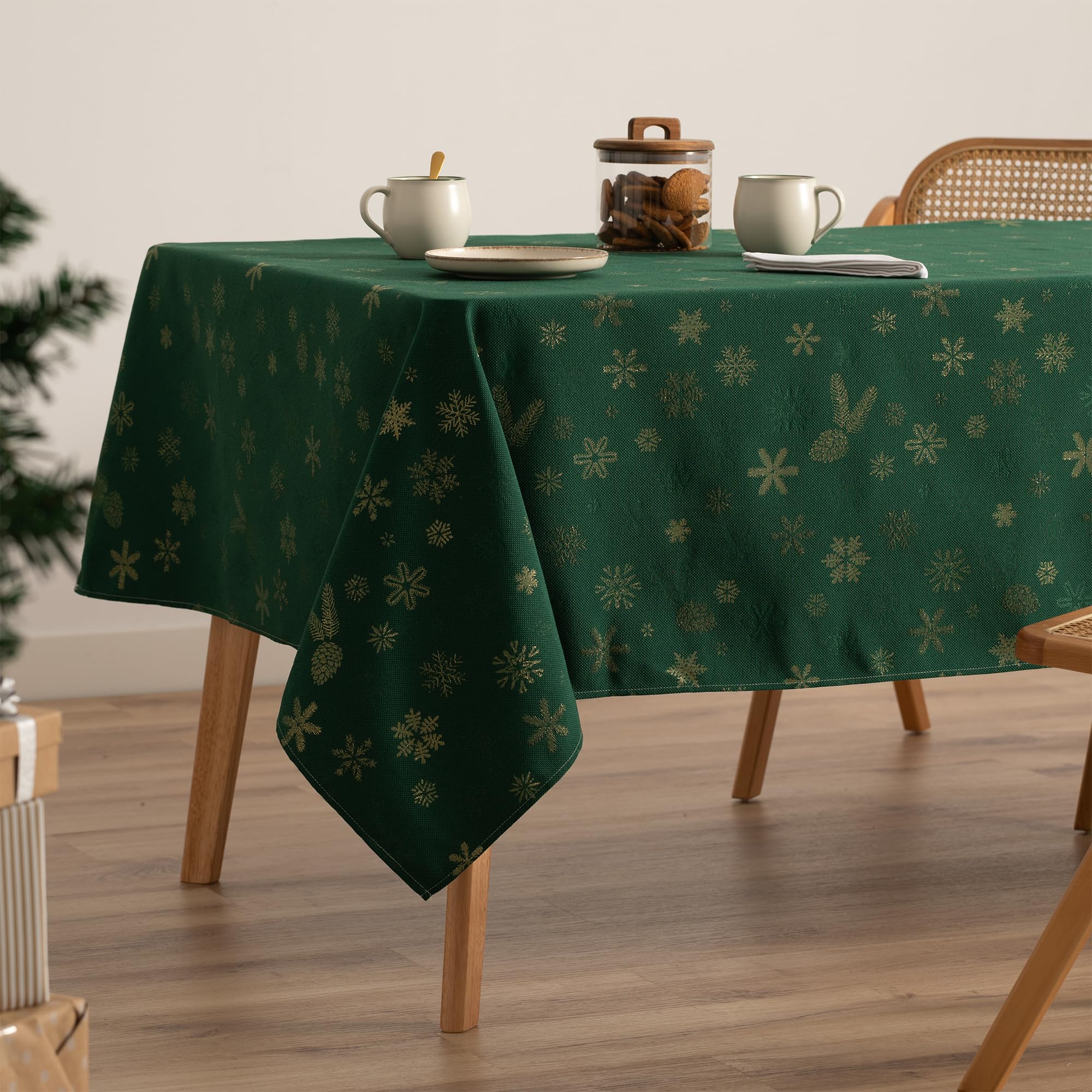 GAMUSI Mantel Navidad Jacquard Hilo Dorado Mesa Comedor Rectangular Decoración Navideña 140x200 cm Color Verde