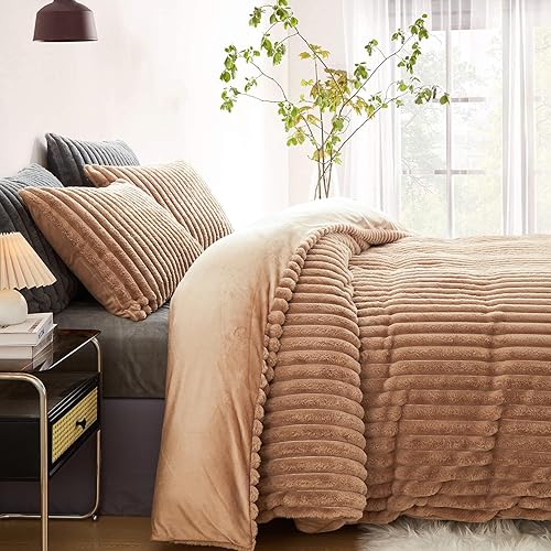 Juego de funda de edredón cálida y esponjosa tamaño Queen, funda de edredón reversible de piel sintética de lujo, 3 piezas, acogedora funda de