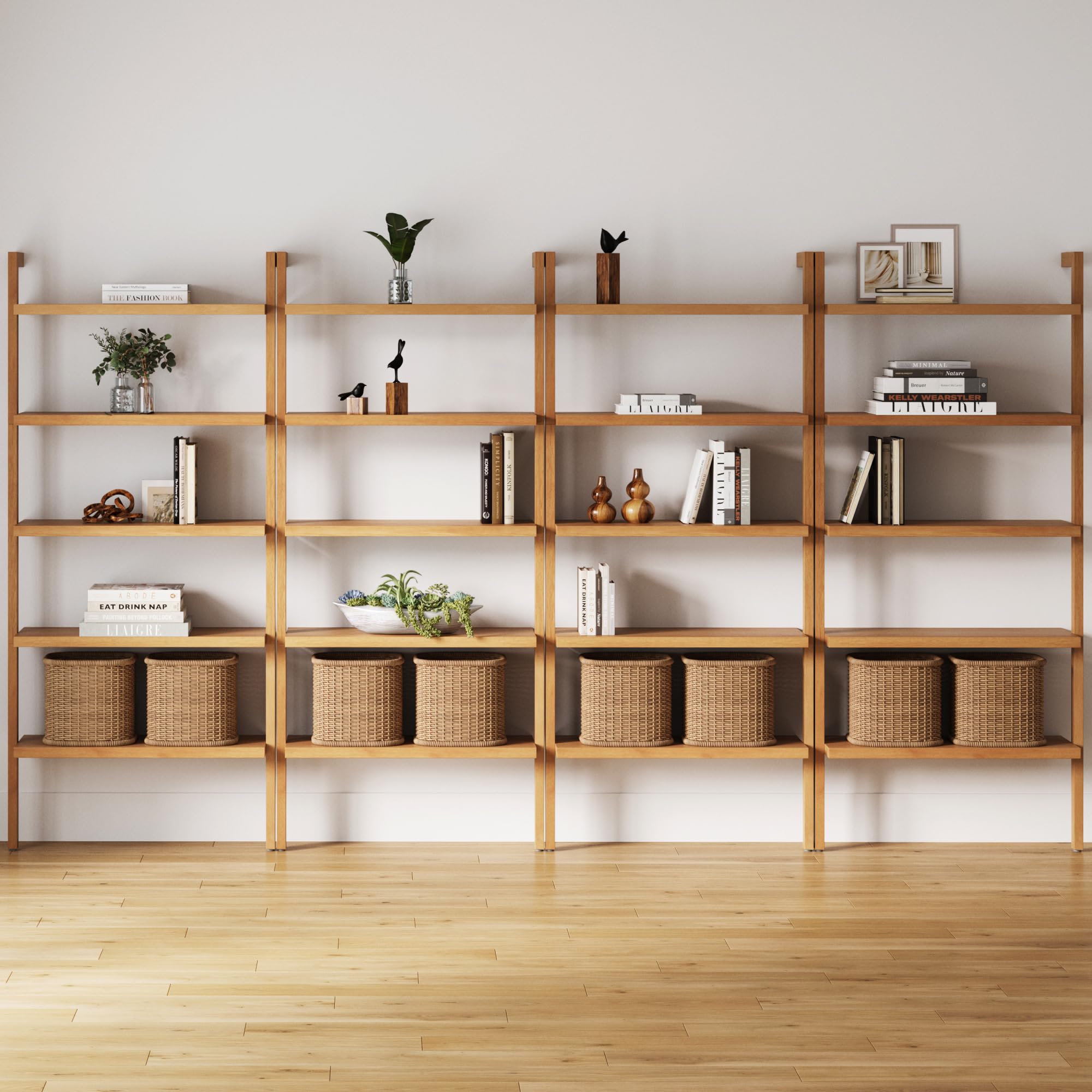 Nathan James Beacon Bohemian 5 Tier Bookshelf, Wall Mounted Bookcase, Solid Wood Bookshelf in Warm Pine, Set of 4