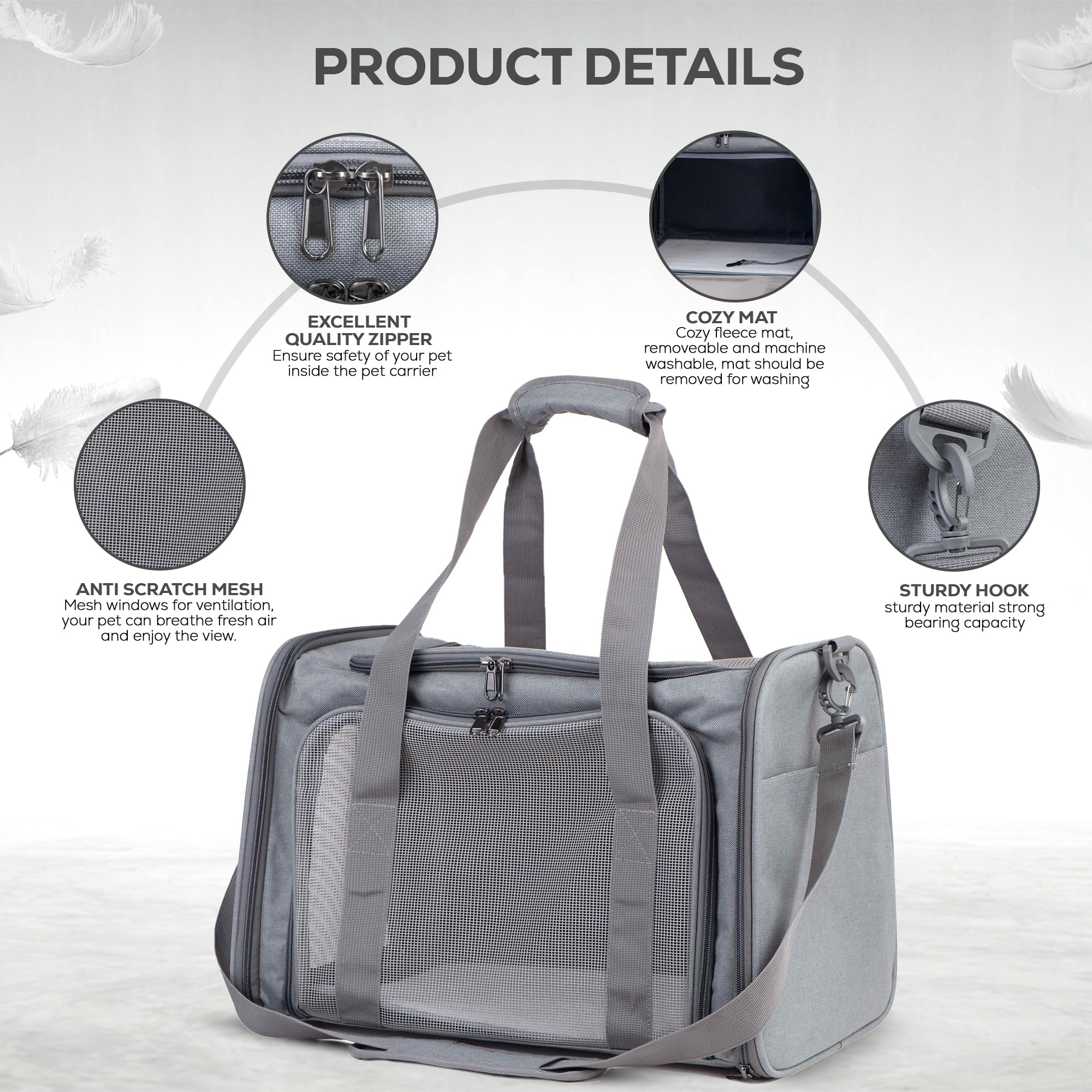 Bolsa de transporte para mascotas, plegable, de lados suaves, con correa para el hombro y alfombrilla extraíble multicapa, cesta duradera para gatos aprobada por aerolíneas (gris, grande)