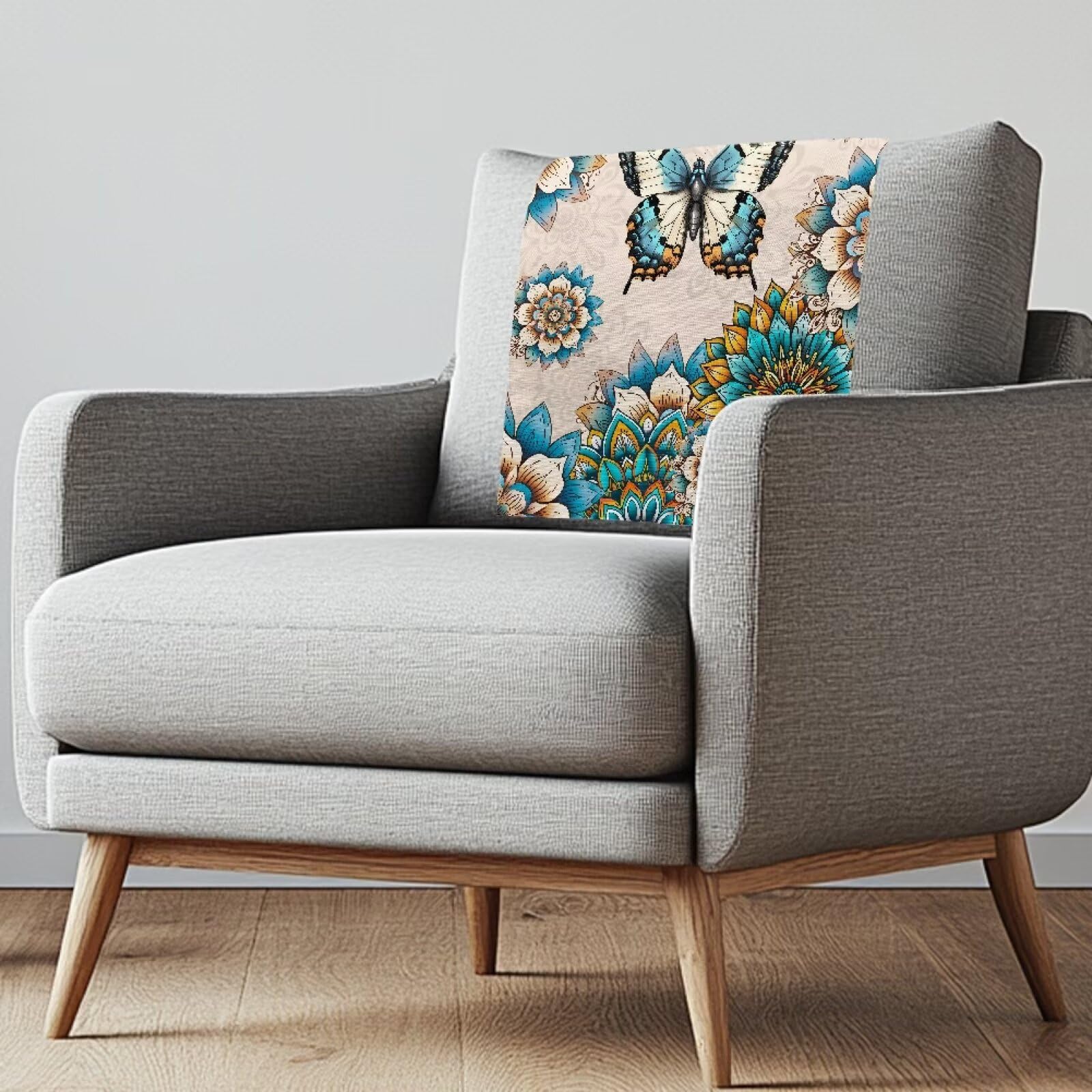 NETILGEN Boho Floral Butterfly Recliner Headrest Cover Non Slip Sofa Headrest Slipcovers Pet Scratch Resistant Office Lounge Chairs Protector with 10 Twist Pins 3 Pack — image 1