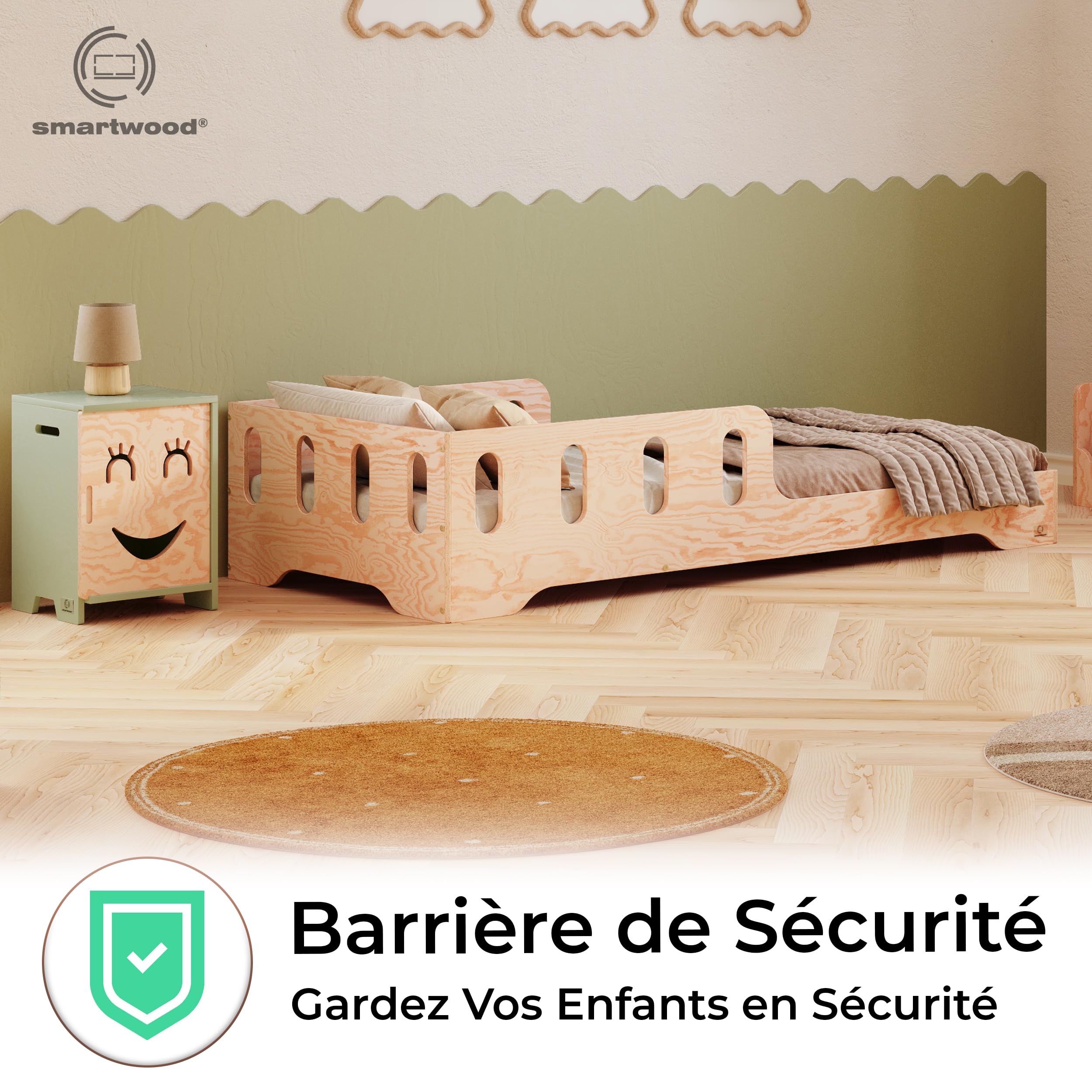 smartwood Lit Enfant 70x140 cm Lit Montessori au Sol - Bois Certifié FSC avec Barrière et Sommier à Lattes Jusqu’à 230 kg - Montage Facile - pour Garçon et Fille - Tila 6