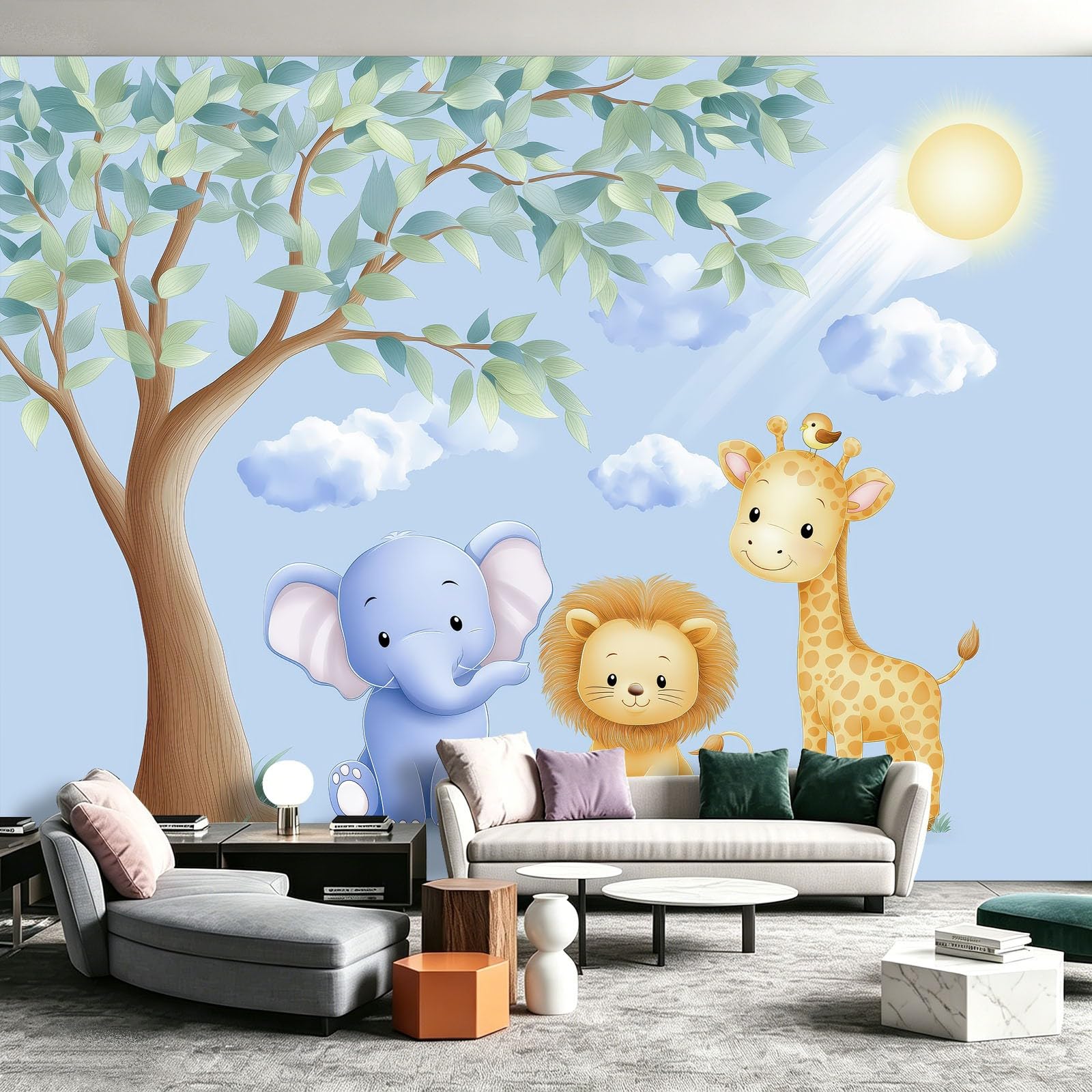Fresque murale lion éléphant pour rénover facilement un mur de chambre d'enfant