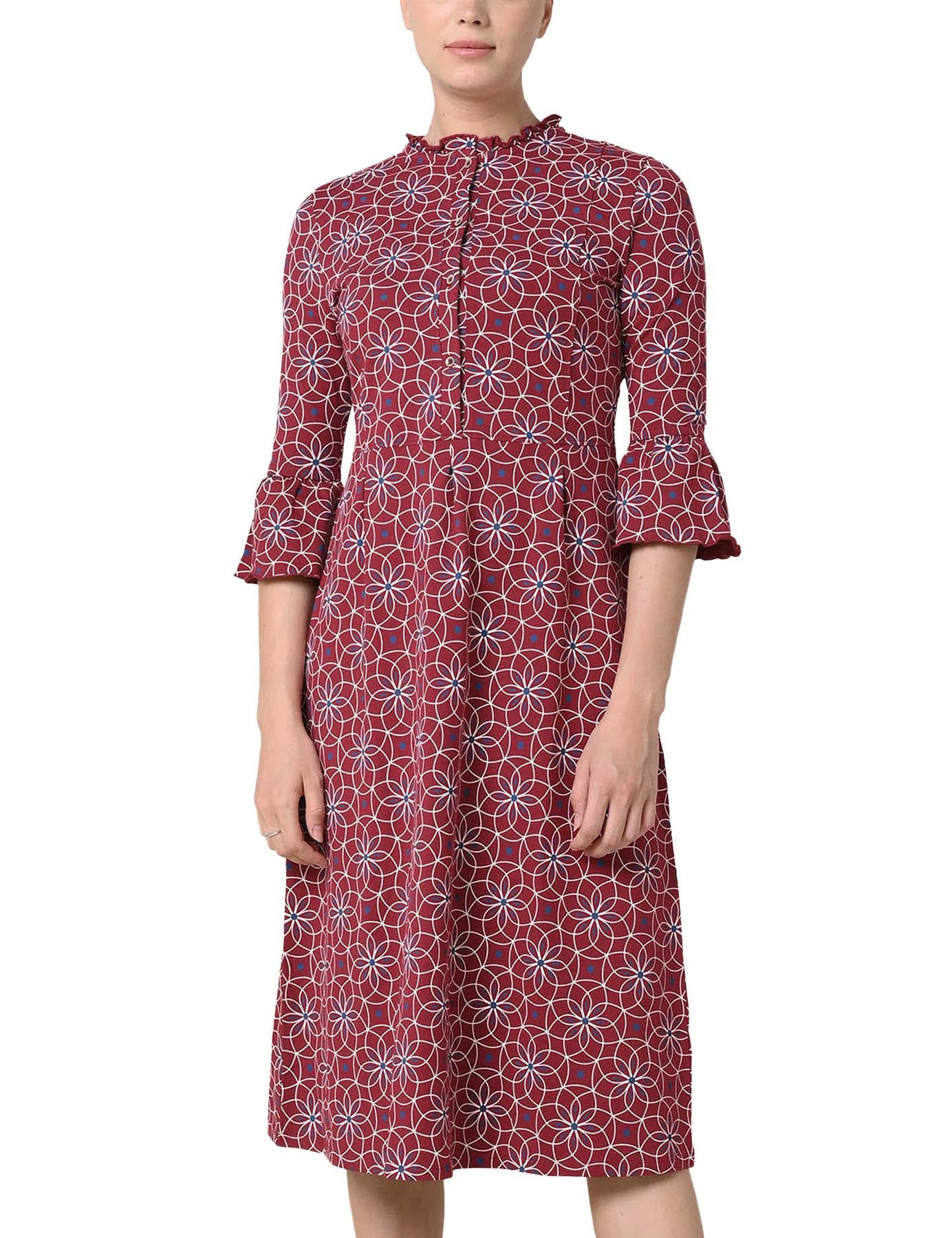 Enorsia Women's Ditsy Floral Midi Dress with Flounce Long Sleeves | Round Neckline, Button Front, Ruffle Tier Hem | Elegant Summer Cotton Jersey Casual Dress in Red, 14
