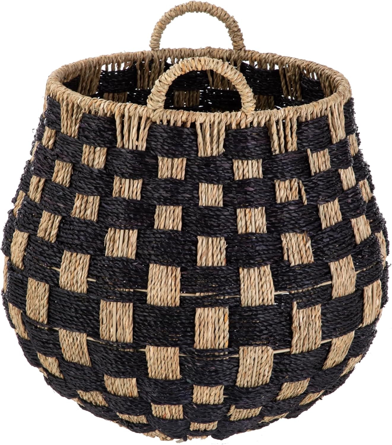 2 Pack Large Round Checkered Seagrass Storage Basket with Handles
