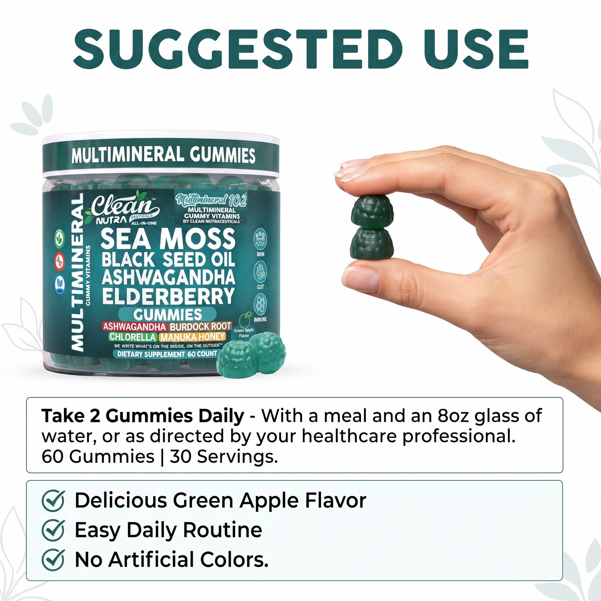 Sea Moss Gummies | Clinically Tested - Black Seed Oil Ashwagandha Elderberry Burdock Root Chlorella Manuka Honey - Vegan Irish Sea Moss Gummy Vitamins for Adults Kids Men Women - Green Apple Flavor — Amazon image 6