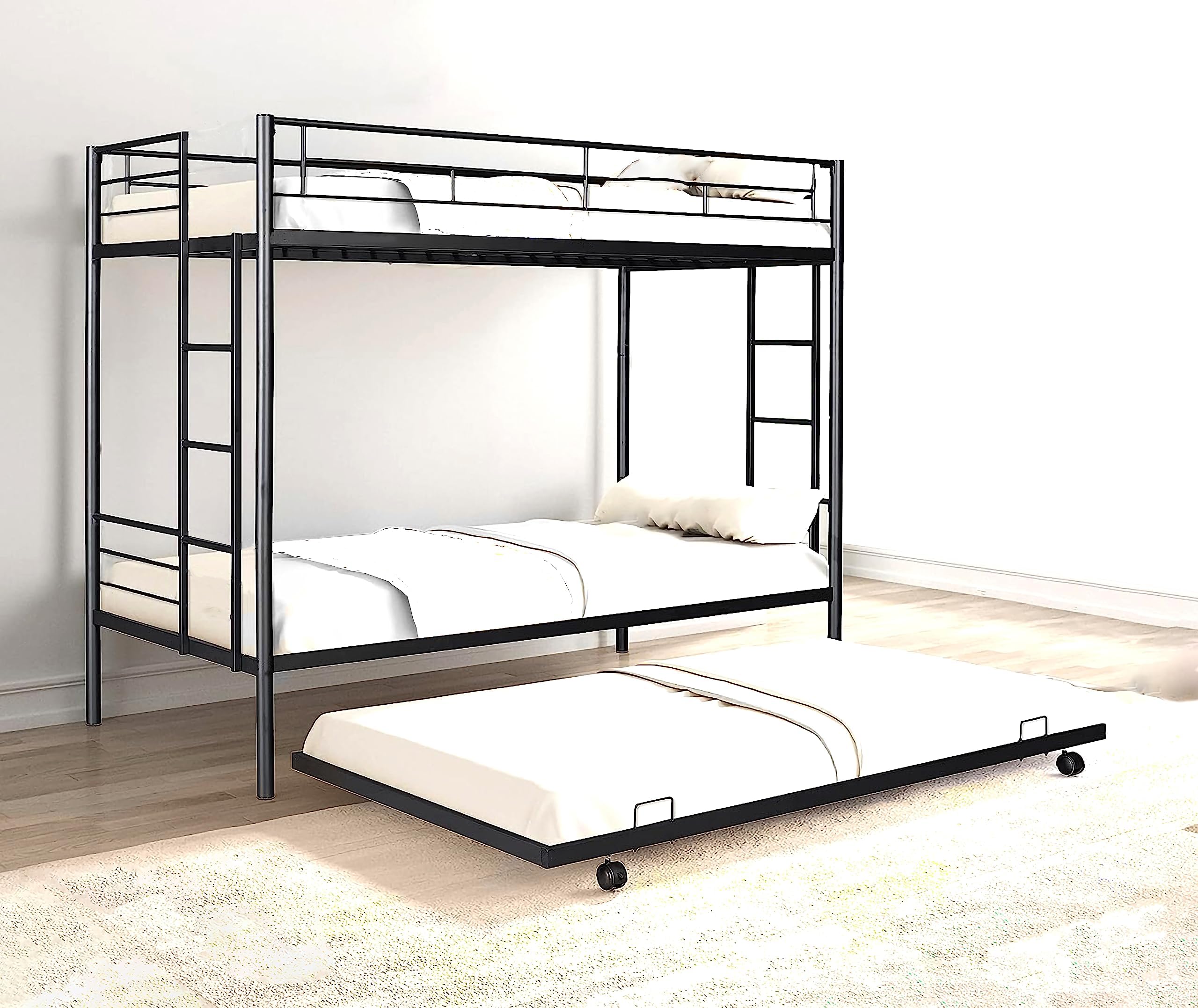 Metal Bunk Bed for Adults with Trundle Without Mattress (Black Powder Coated, 3.5 x 6.5 feet)